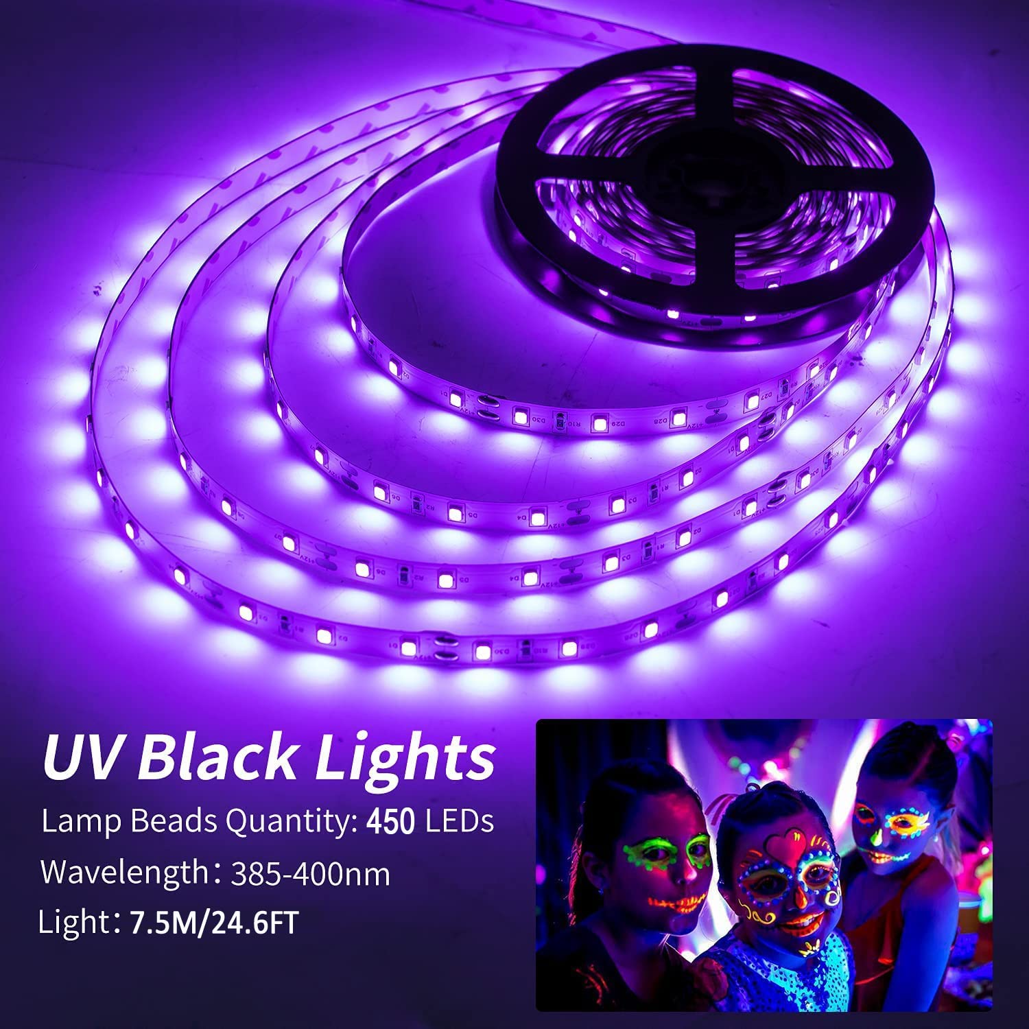 Junwen 24.6Ft Black Led Strip Lights Kit, 450 Units, 12V Flexible Blacklight For Parties & Events, Model Jw99907-Uv-Us