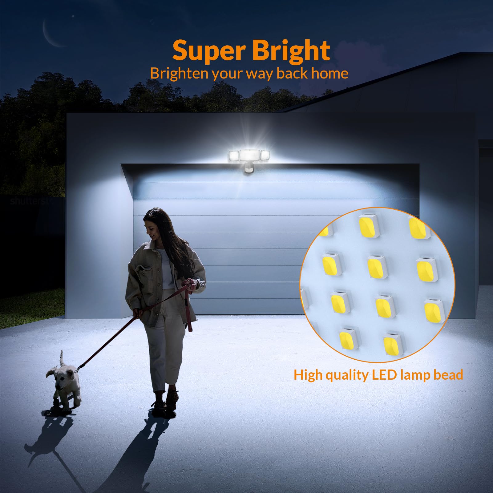 LEPOWER 1600LM LED Solar Security Light, Motion Sensor, 5500K White, IP65 Waterproof, 3 Adjustable Heads, Black, Model YY02C-BL