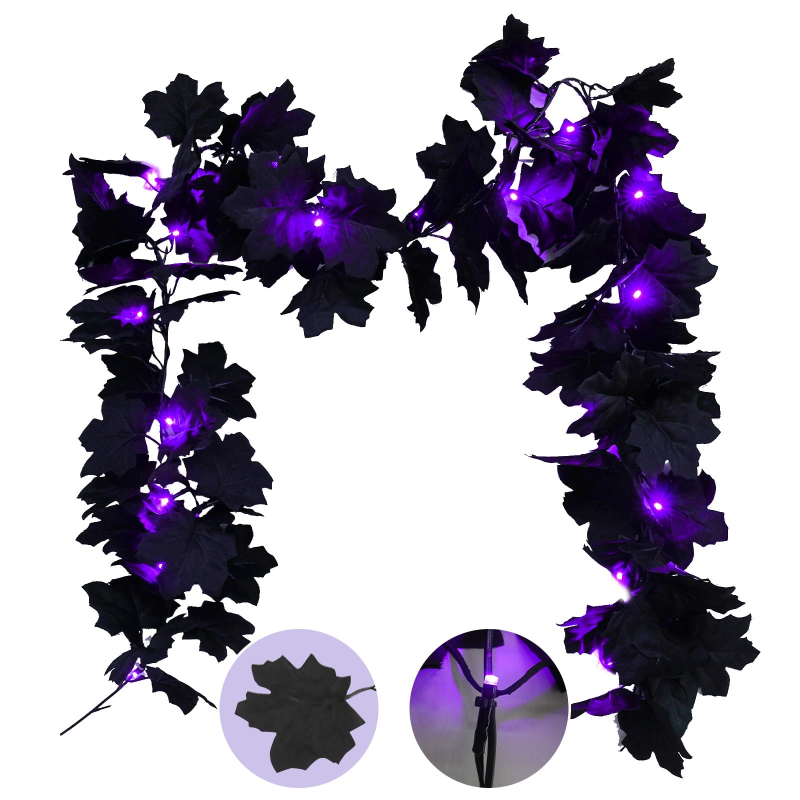 Suddus 20 Led Halloween String Lights Battery Operated With Black Maple Leaves 6.5 Ft Halloween Garland Decor For Yard, Porch, T