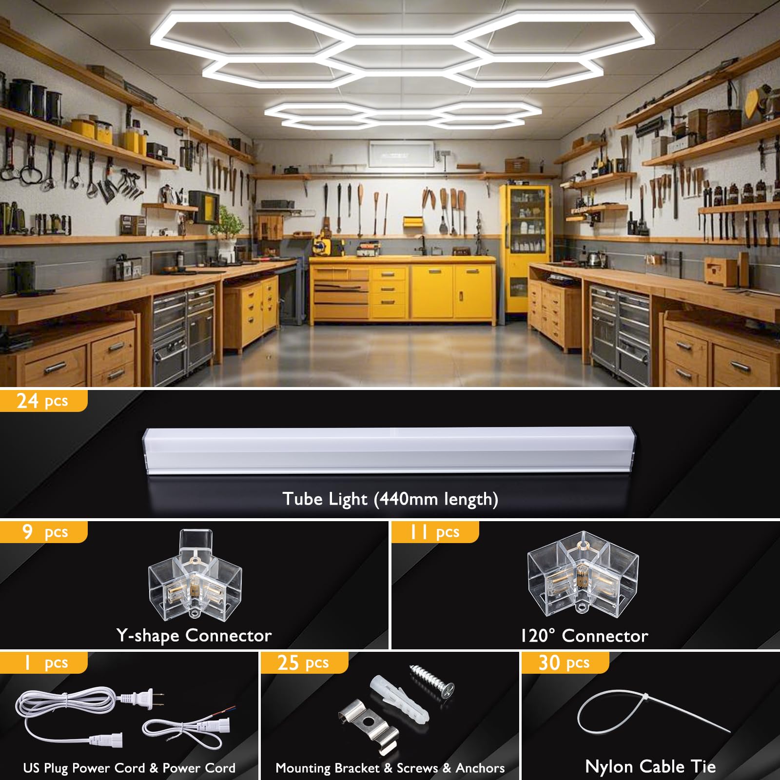 Brillihood Hexagon Garage Lights, Led Honeycomb Lights Ceiling, 192W, 23040Lm, 6500K Super Bright, 5 Grid Systems Car Detailing
