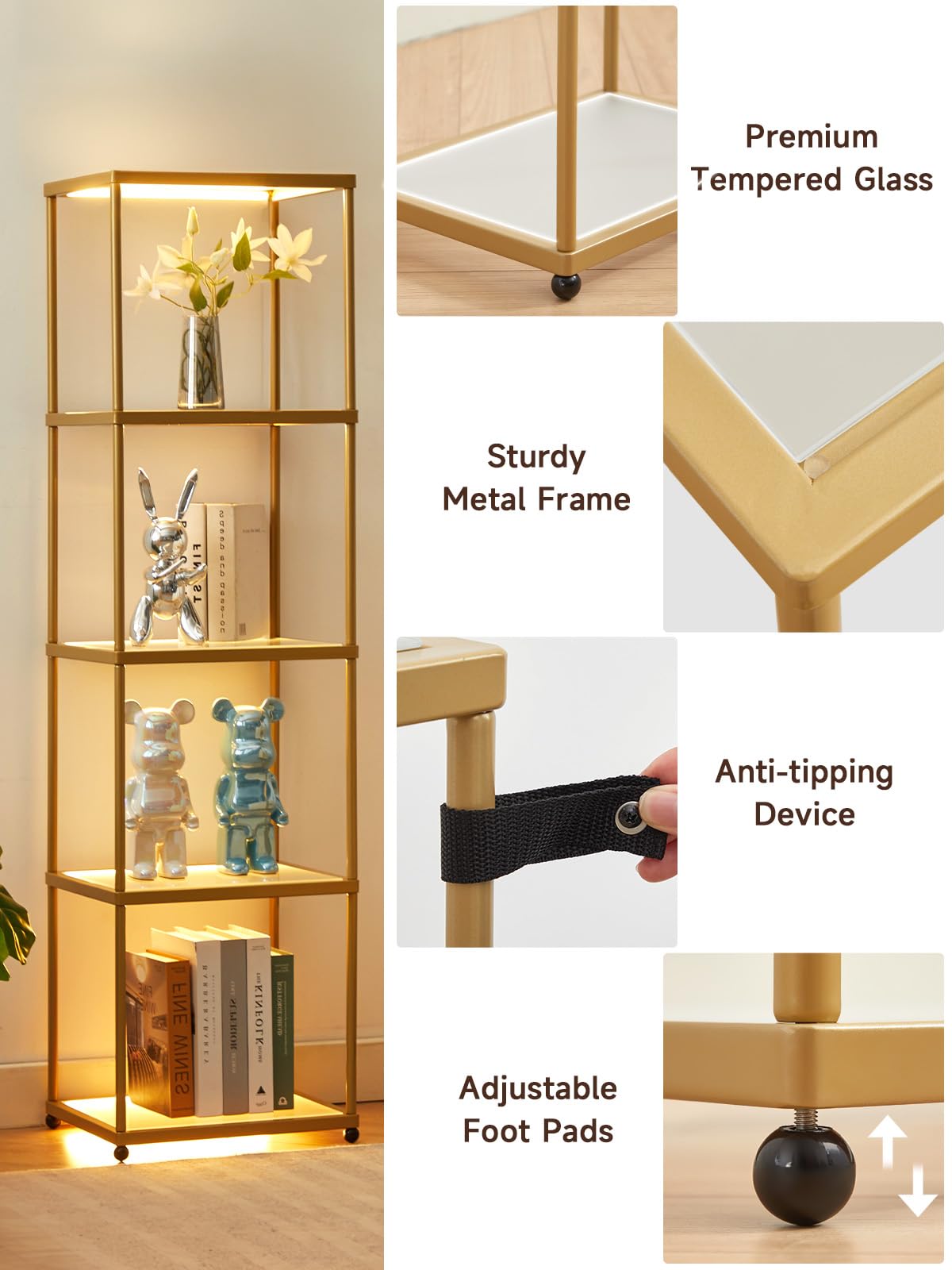 MANBUR Display Shelf with Dimmable LED Floor Lamp, 5-Tier, 58.2inH x 15.7inL x 12.6inW, Iron, Gold, Model d