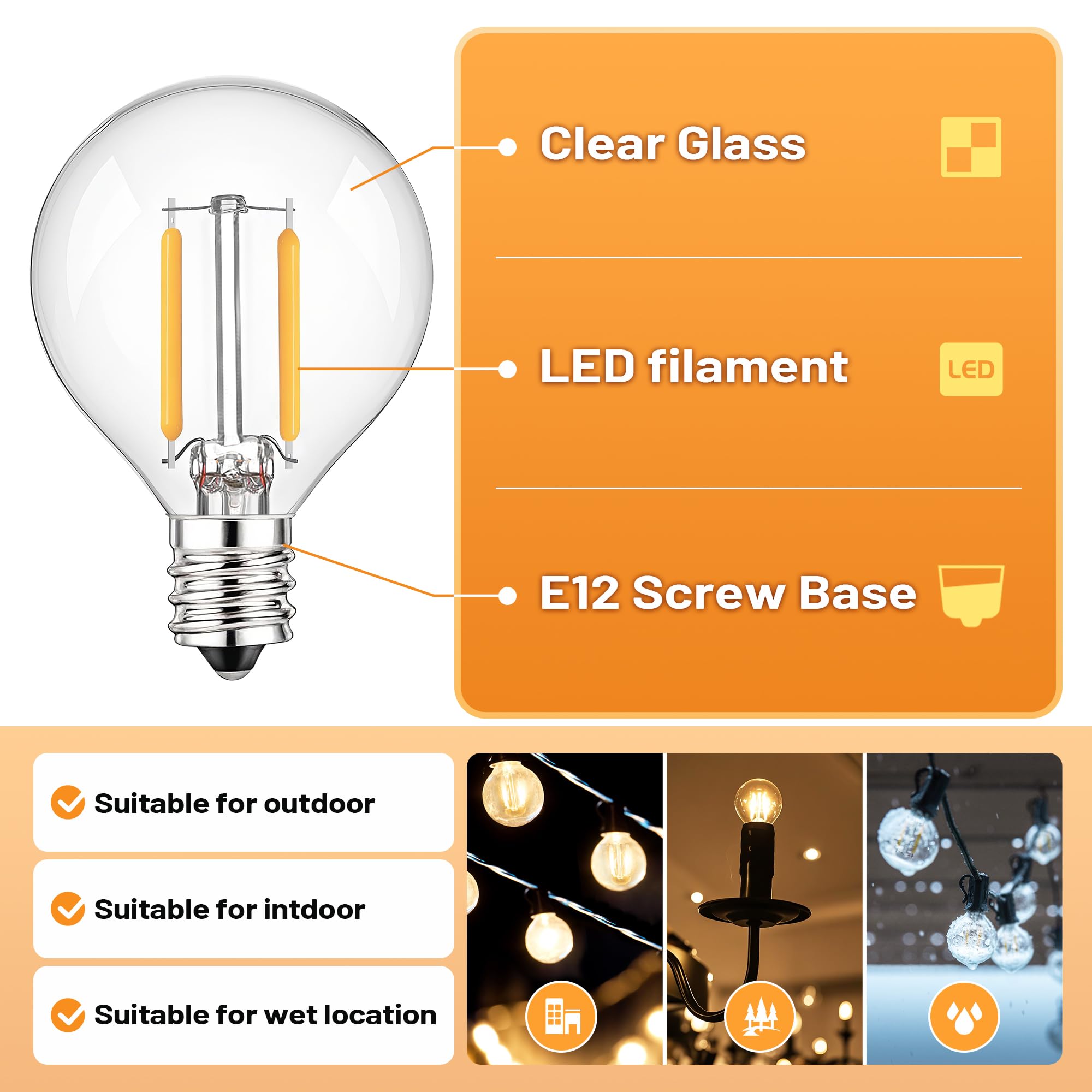 25Pack G40 Clear Glass Led Replacement Bulbs, 1.5W Equivalent 15W E12 Screw Base Shatterproof Globe Light Bulb For Indoor & Outd