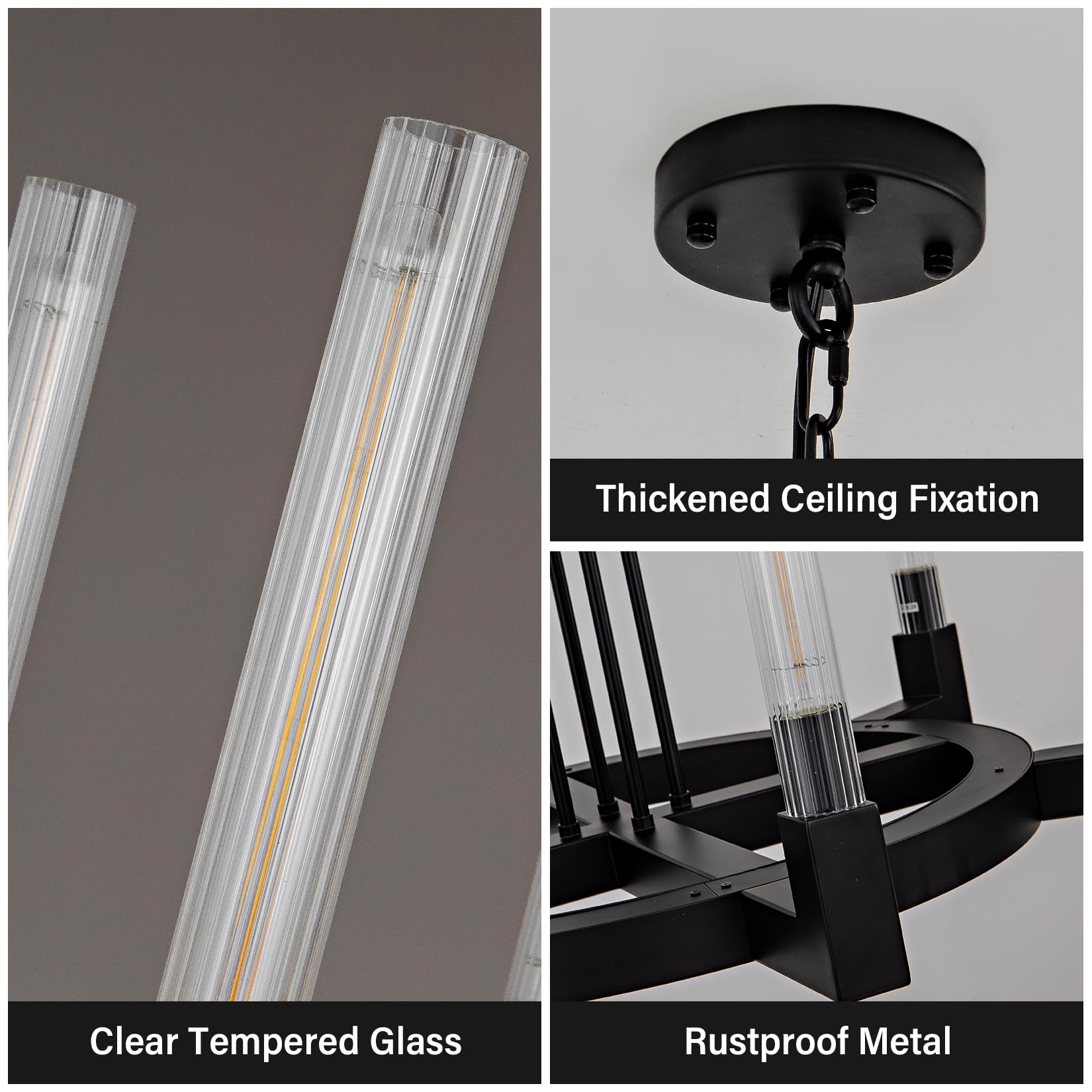 YUEXPAND 6-Lights Wagon Wheel Chandelier, 35'' Black Glass Tube Pendant Lighting for Dining & Living Room, Model 66689cd2