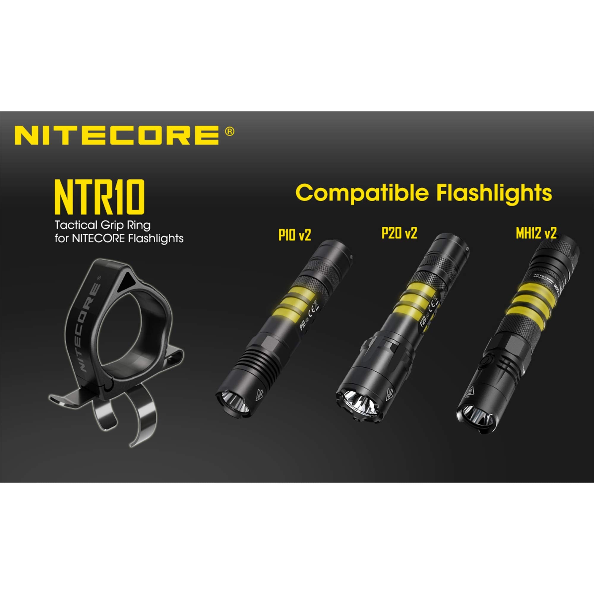 Nitecore NTR10 Tactical Clip-on Ring, Aluminum, Black, for CI7, New P12, P22R, i4000R, 1 Stück (1er Pack)