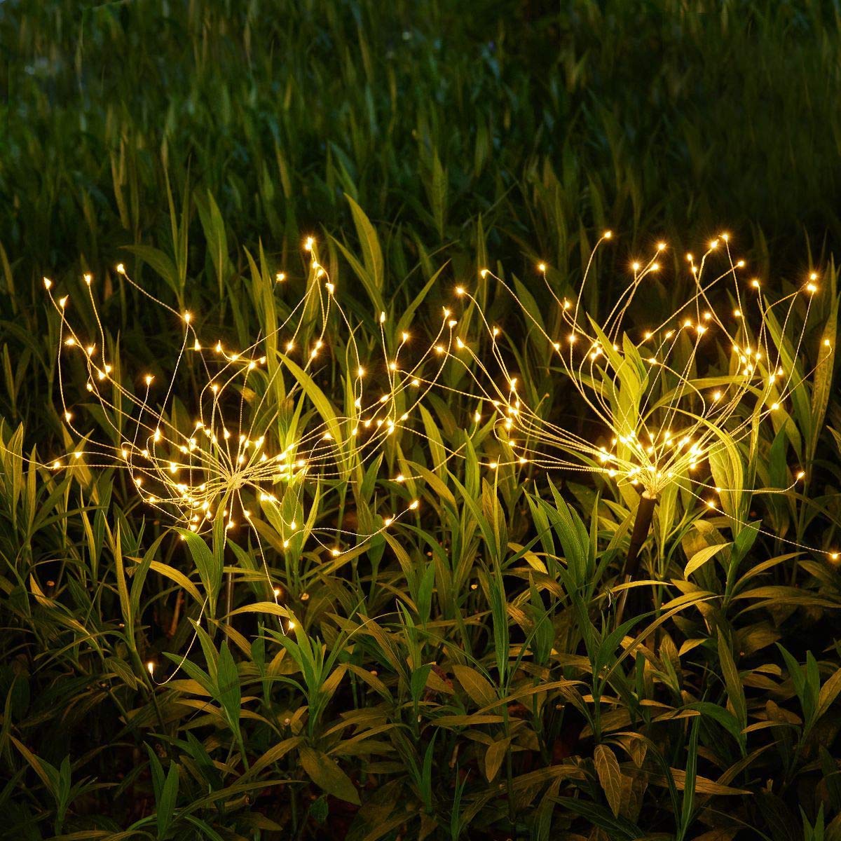 Helesin Outdoor-Garden-Decorative-Lights, Solar Firework Lights 105 Led-Powered 35 Copper Wires, Diy Flowers Fireworks Stars For Walkway Pathway Backyard Christmas Party Decor (Warm White 2 Pack)