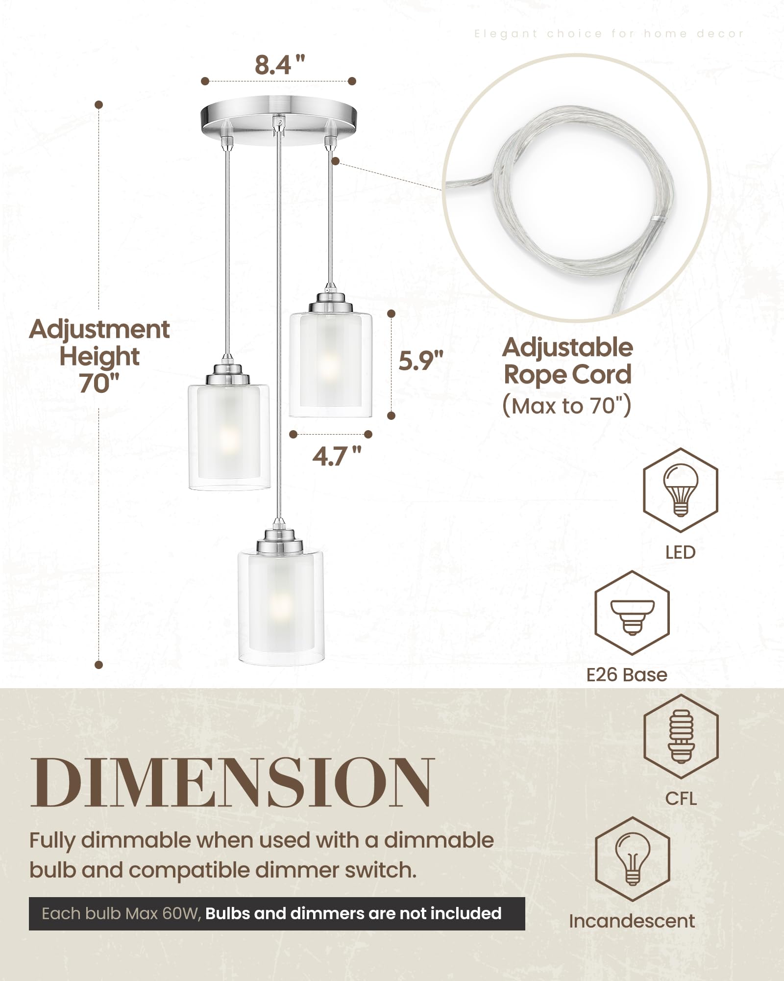 Tengxin 3 Light Pendant Light,Pendant Lights Kitchen Island,Brushed Nickel Pendant Lights With Dual Glass Shade,Farmhouse Pendan