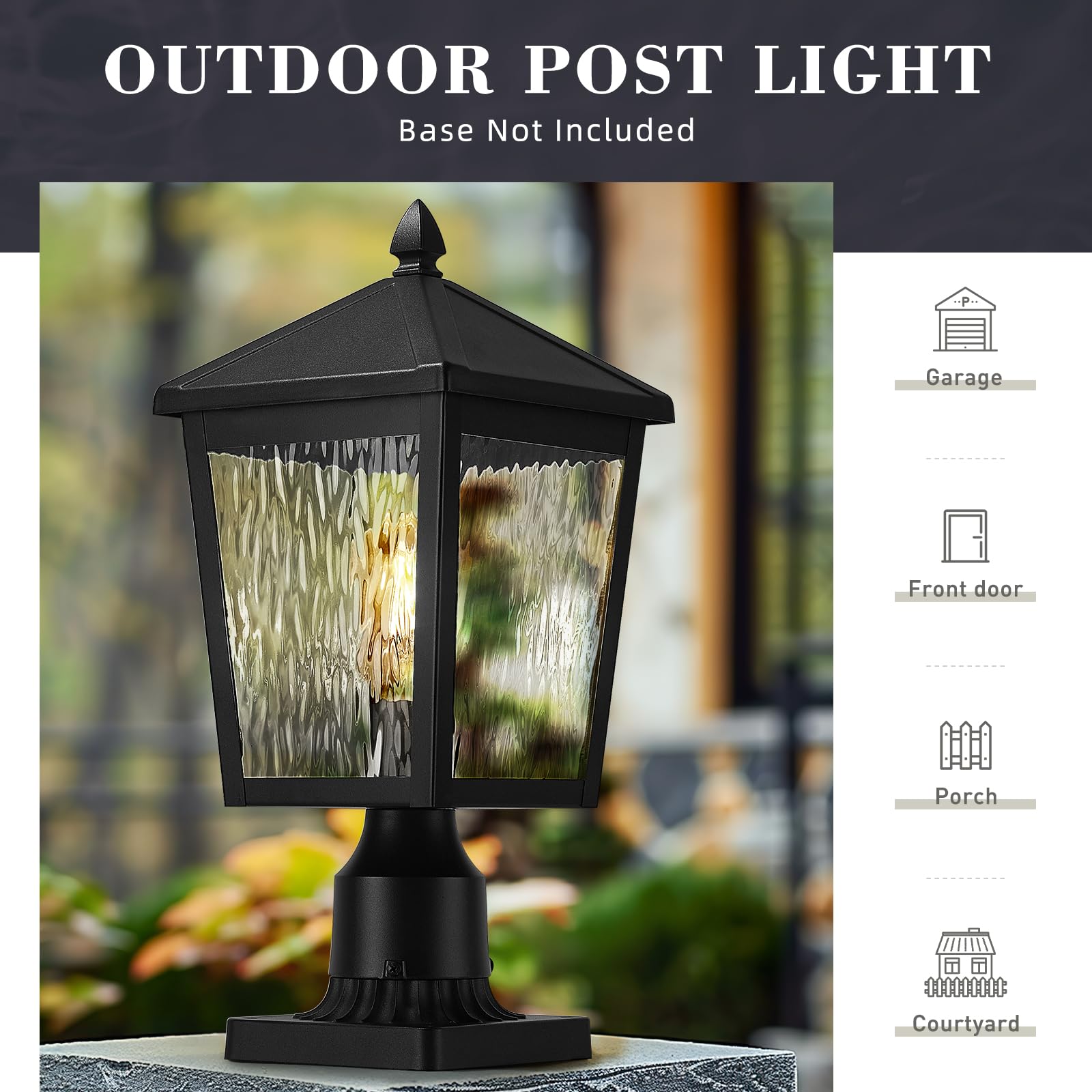 Zeyu Large Lamp Post Light Fixture, 16.1 Inch Outdoor Post Lamps For House Garden, Die-Cast Aluminum With Water Ripple Glass, Bl