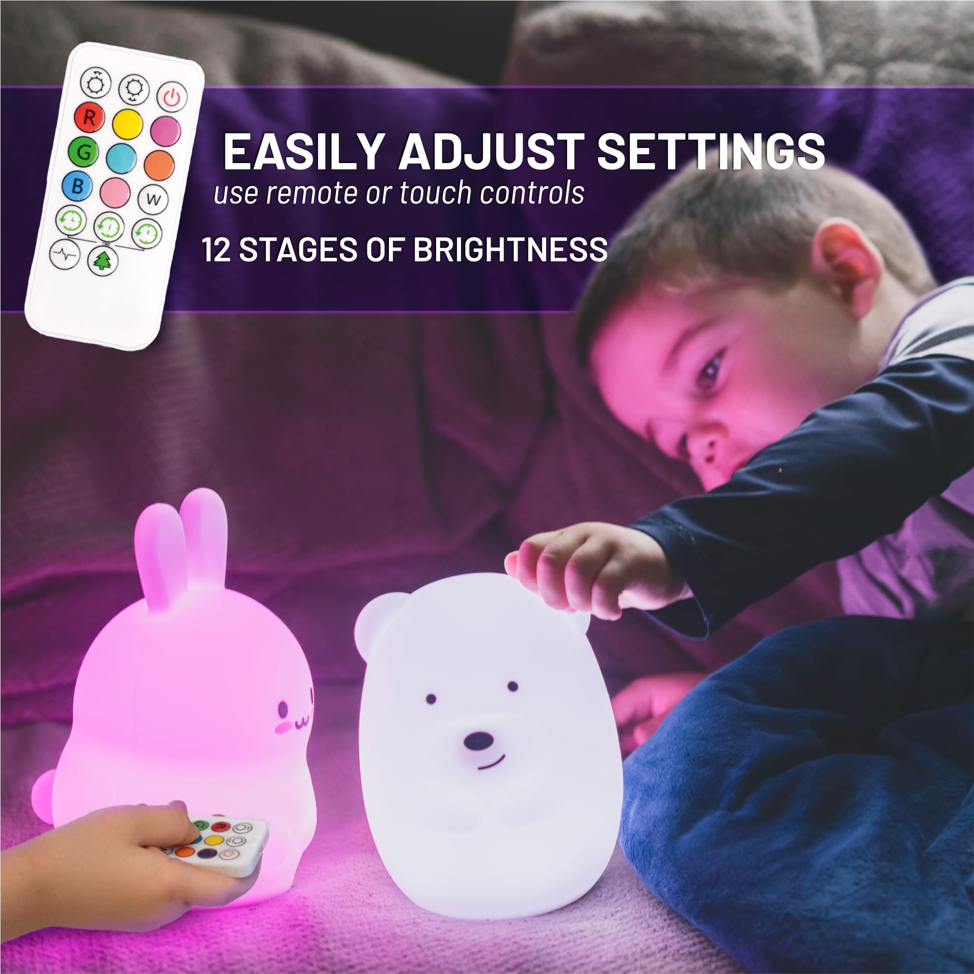 Lumipets Silicone Night Light for Kids, Bear - 9 Soft Colors, Remote Sleep Timer - Rechargeable, Battery-Operated Light for Todd