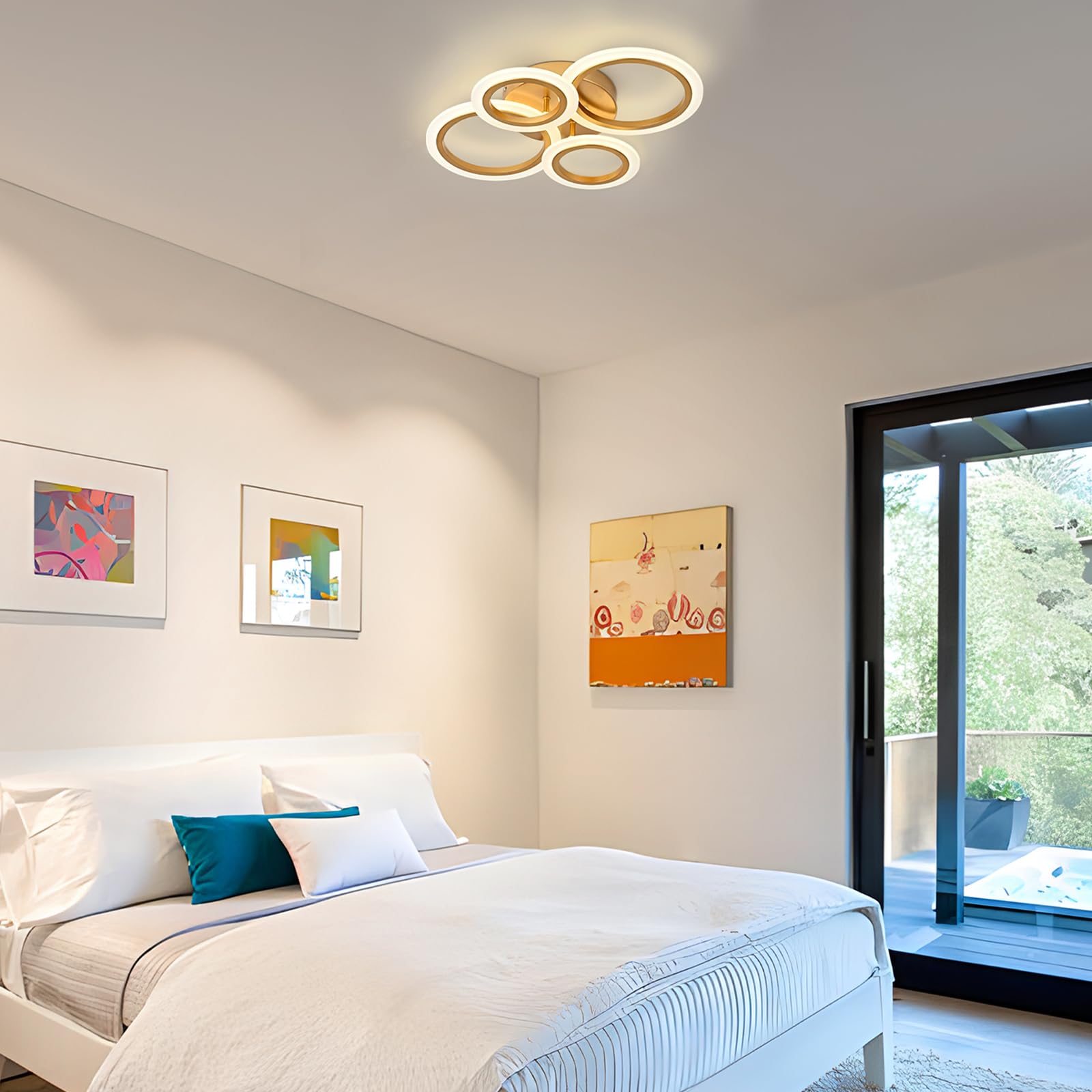 Vikaey Modern Led Flush Mount Ceiling Light, 4 Rings Gold Close To Ceiling Light, Lighting Fixture Ceiling Lamp For Kitchen, Living Room, Bedroom, Laundry Room, 4000K Not Dimmable