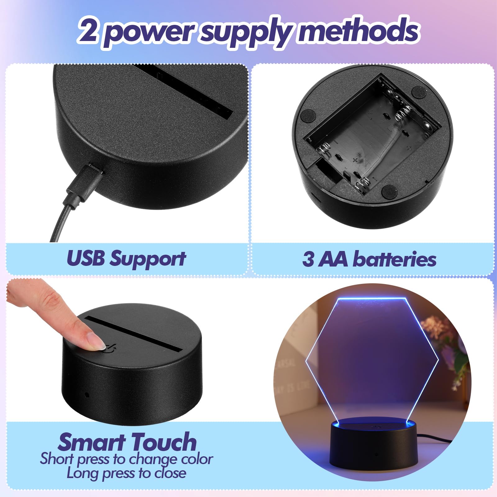 Honoson 6 Sets 3D Night Led Light Lamp Bases Including 6 Light Display Stands 6 Clear Acrylic Sheets 6 Remote Controls 6 Chargin