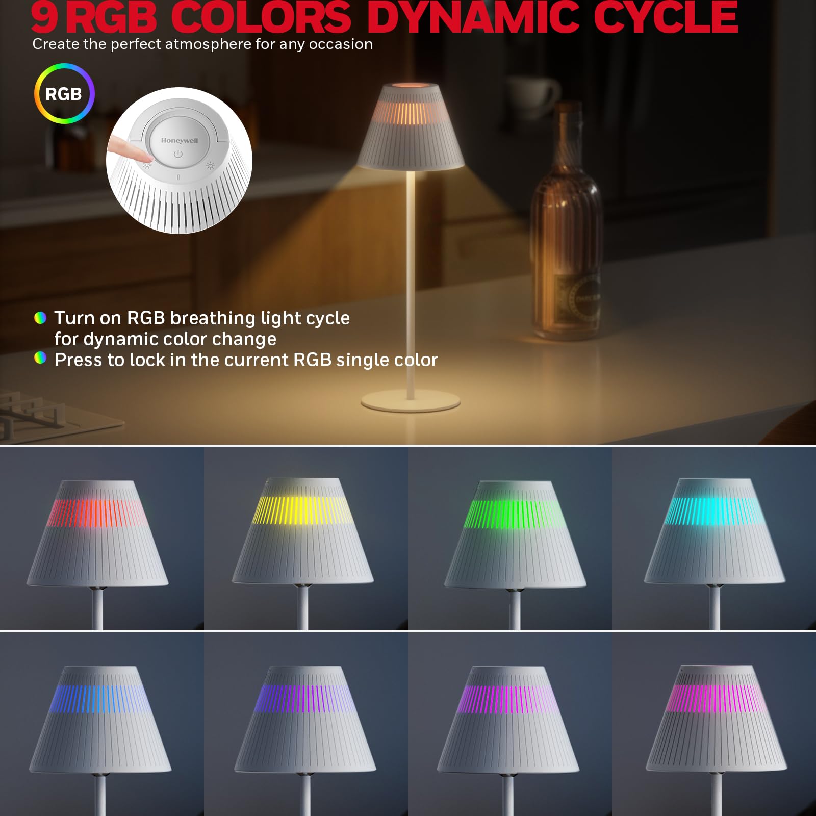 Honeywell Rechargeable Table Lamps, LED Cordless Lamp 5200mAh Battery Operated Portable M1 Sunturalux Dimmable 4Color 9RGB Touch