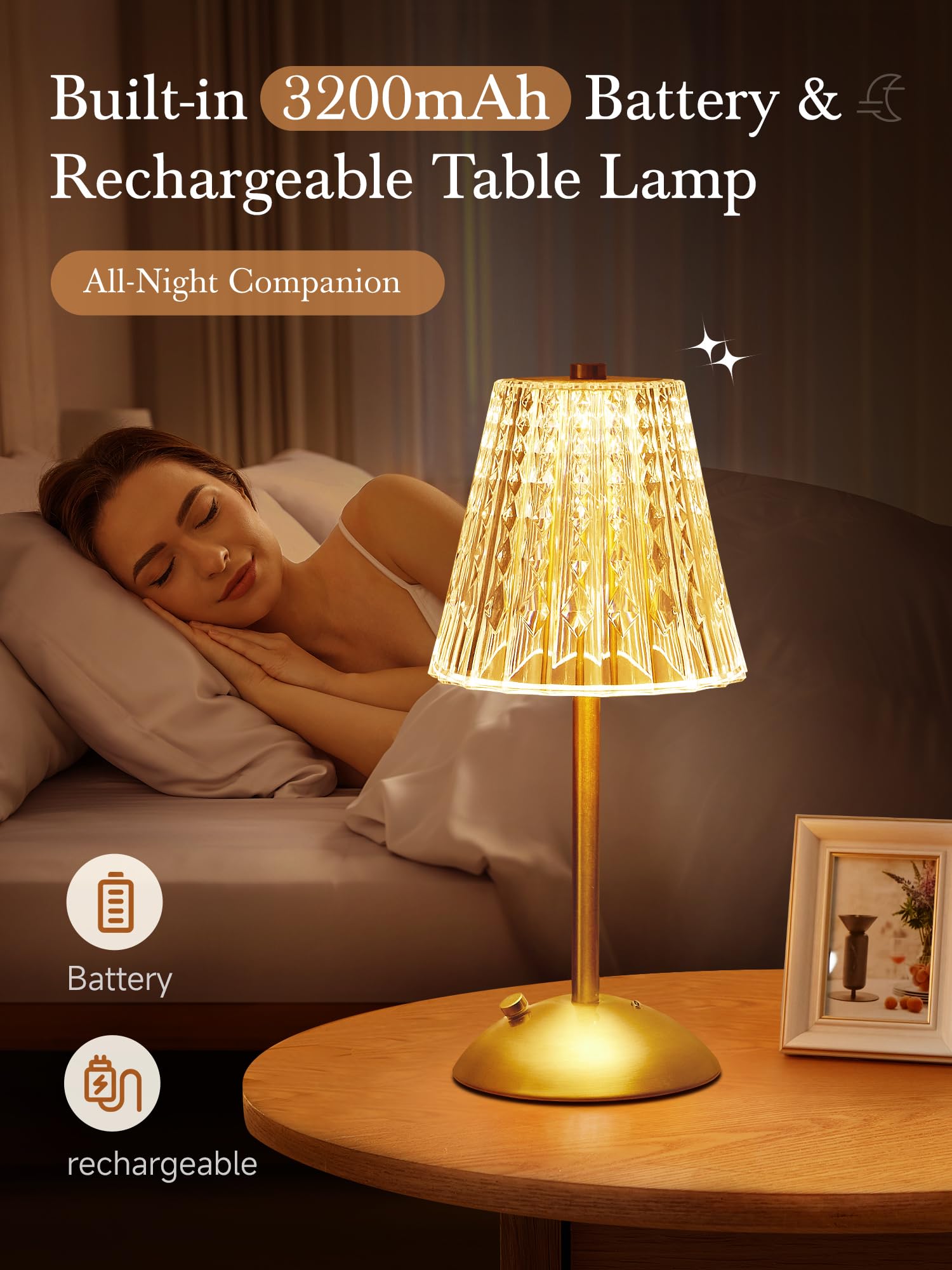 One Fire Cordless Table Lamp, Dimmable Crystal Table Lamp 3 Colors Led Gold Lamp, ?3200Mah? Battery Lamp Portable Lamp,Small Tou