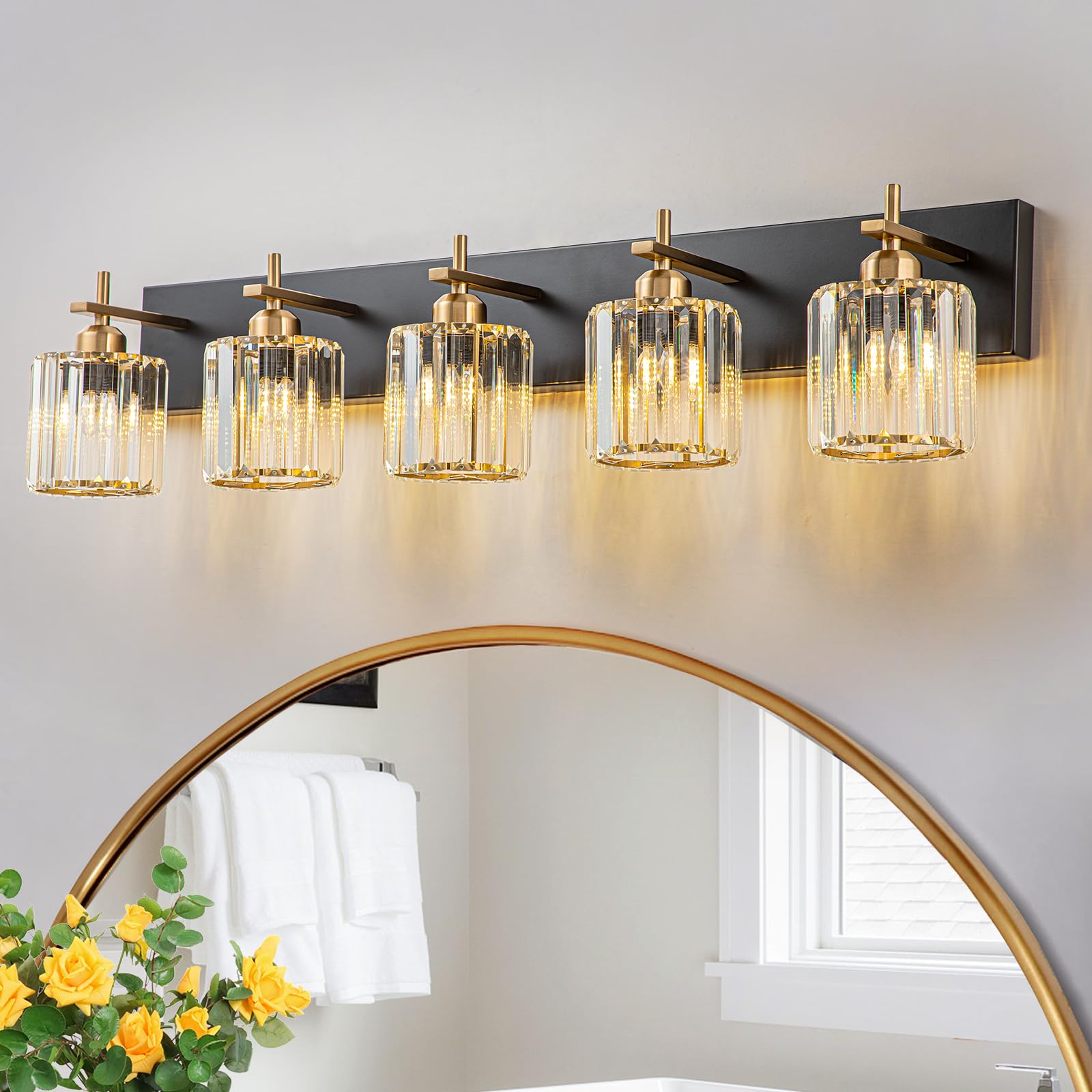 HUOKU Modern Crystal Bathroom Vanity Lights, 5-Light, Metal & Crystal, Black Gold Finish