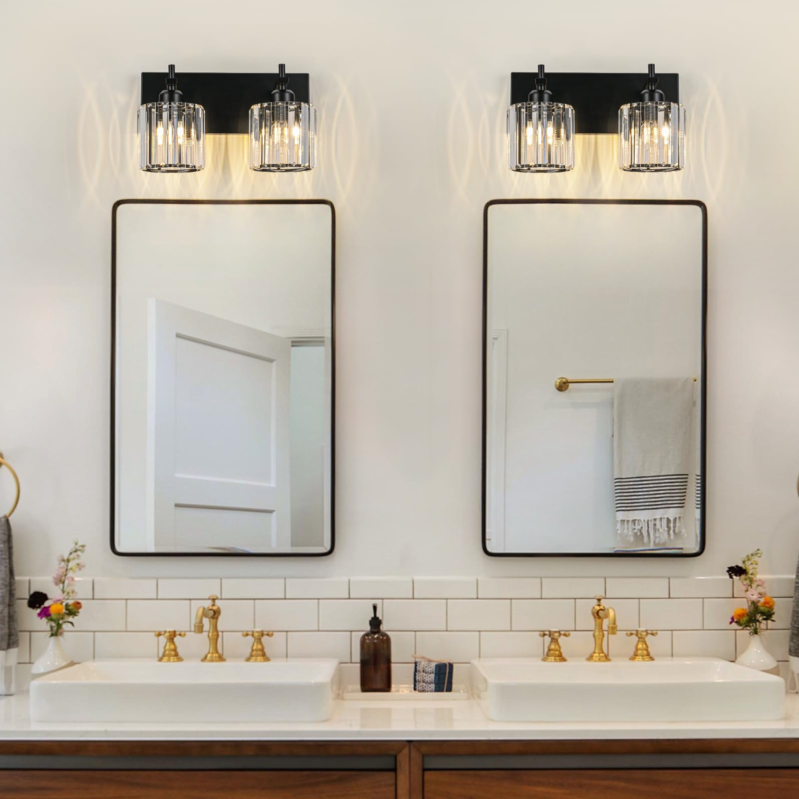 HUOKU Bathroom Vanity Lights, Modern 2-Light Fixture, Black Metal with Crystal Round Shade