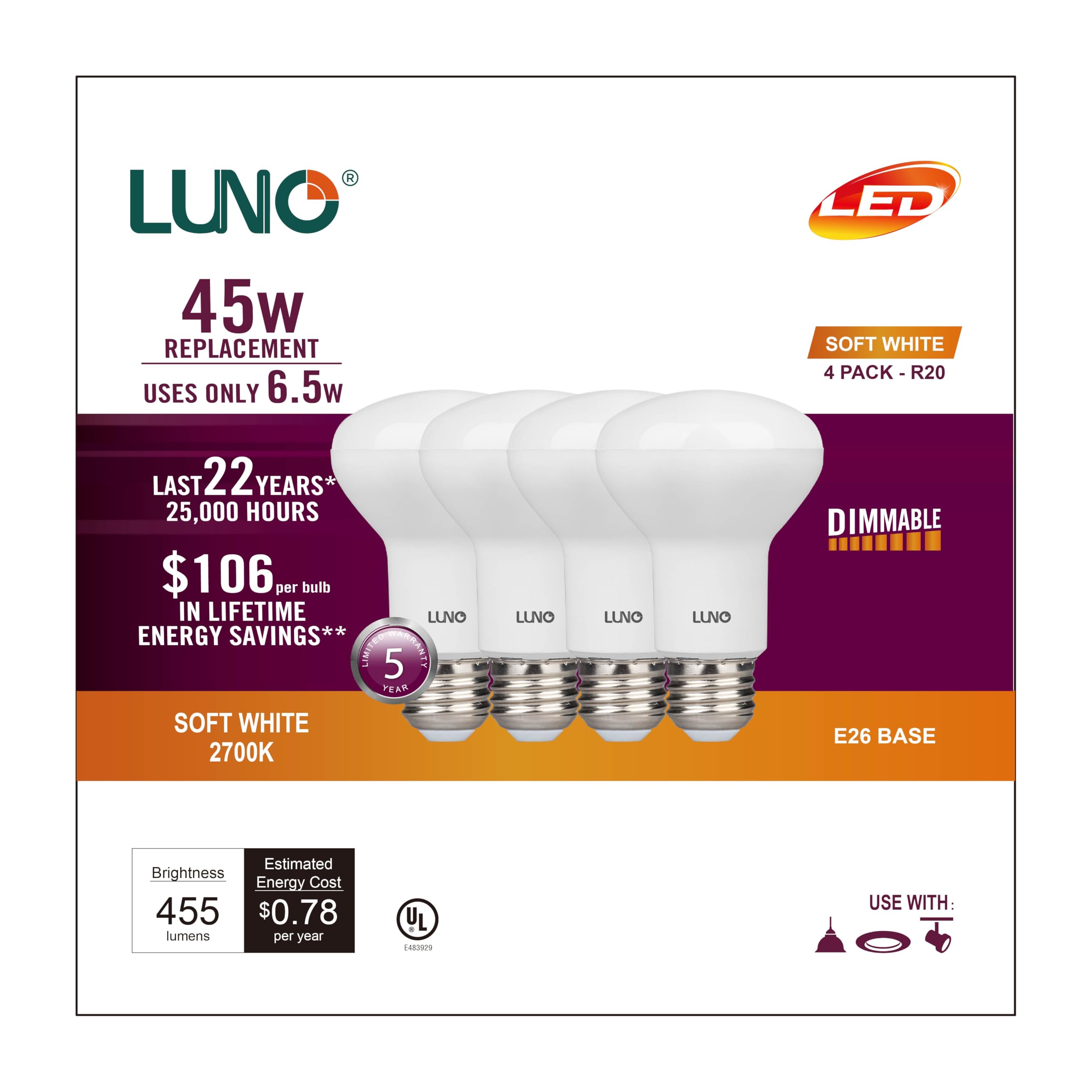LUNO R20 Dimmable LED Bulb, 6.5W (45W Equivalent), 455 Lumens, Soft White, E26 Base, 4-Pack