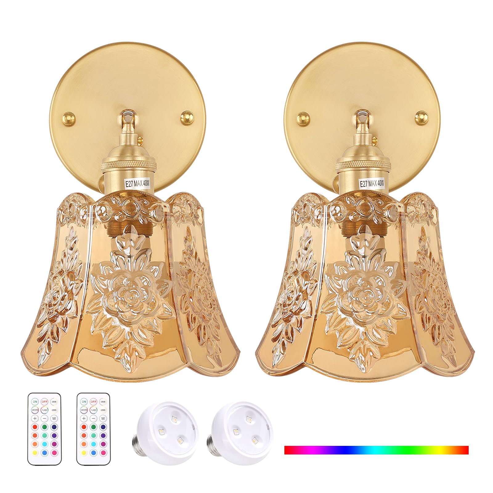 Shenmoyl Vintage Battery Operated Wall Sconces, Wireless RGB Dimmable LED Light, 2 Pack, Rose Amber, Model 1-94962-scona
