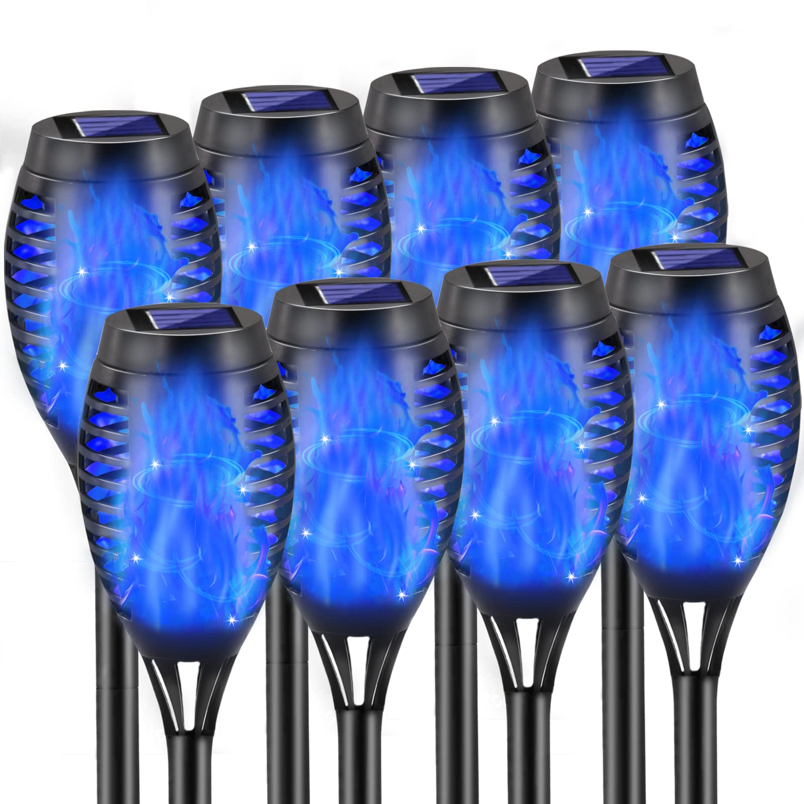 COCOMOX Solar Torch Lights 8 Pack, 12 LED Waterproof Mini Tiki Torches, Blue, Outdoor Halloween Decorations, Dusk to Dawn Auto On/Off