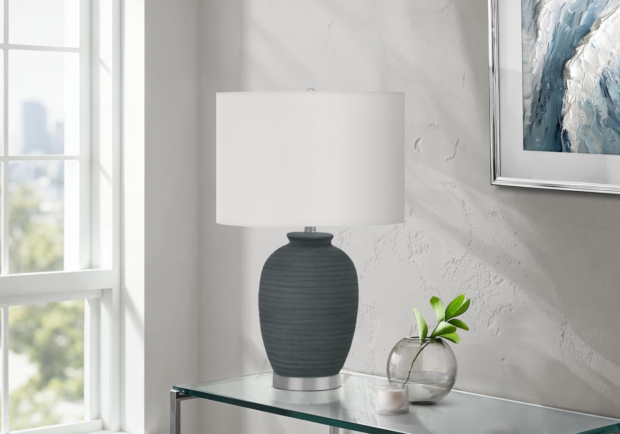 Monarch Specialties Table Lamp, Blue Ceramic, Ivory Shade, 15in L x 15in W x 24in H, Model I 9622