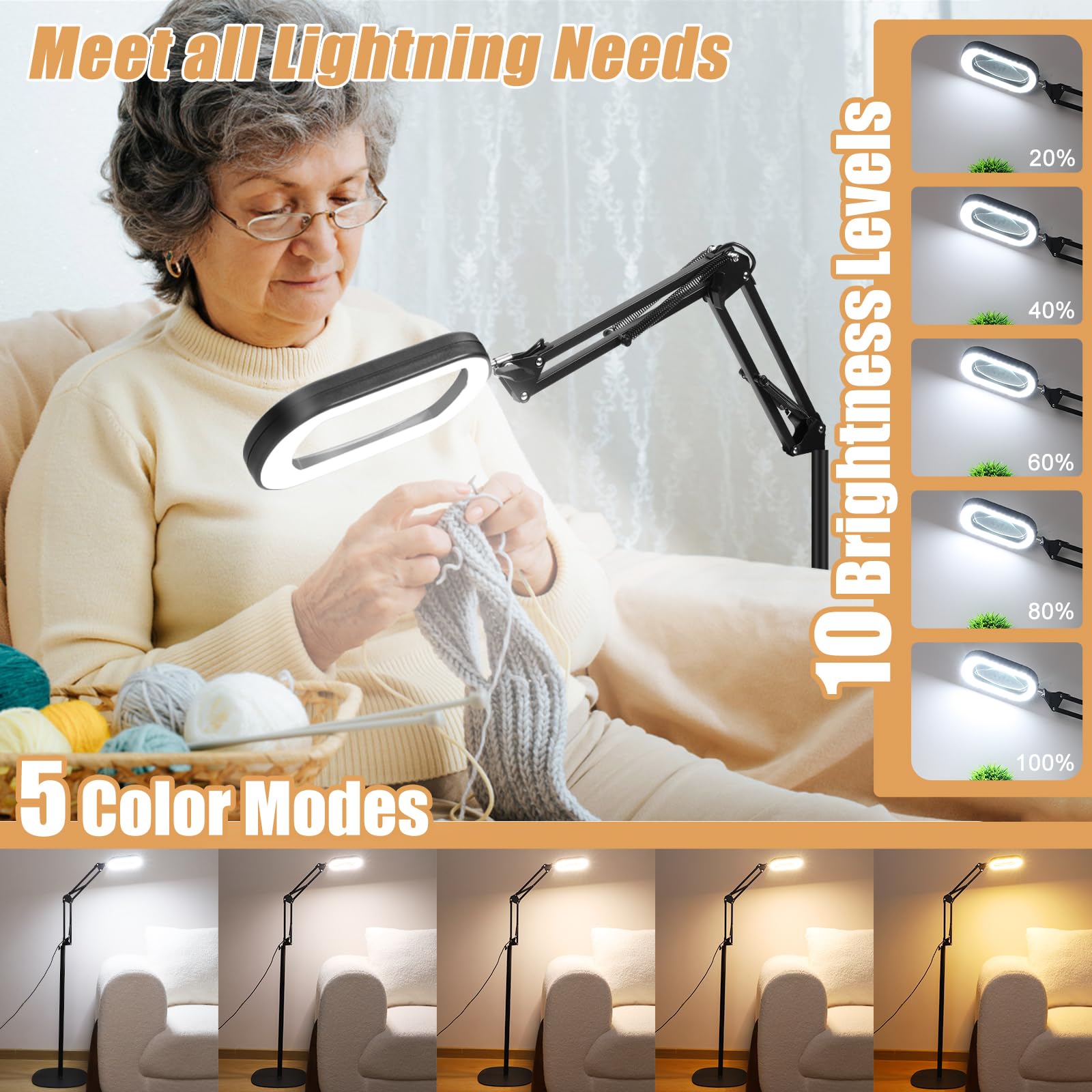 IVMAIE 10X Magnifying Glass with Light & Stand, 5 Color Modes LED Dimmable Magnifier for Sewing, Painting, Reading - Black