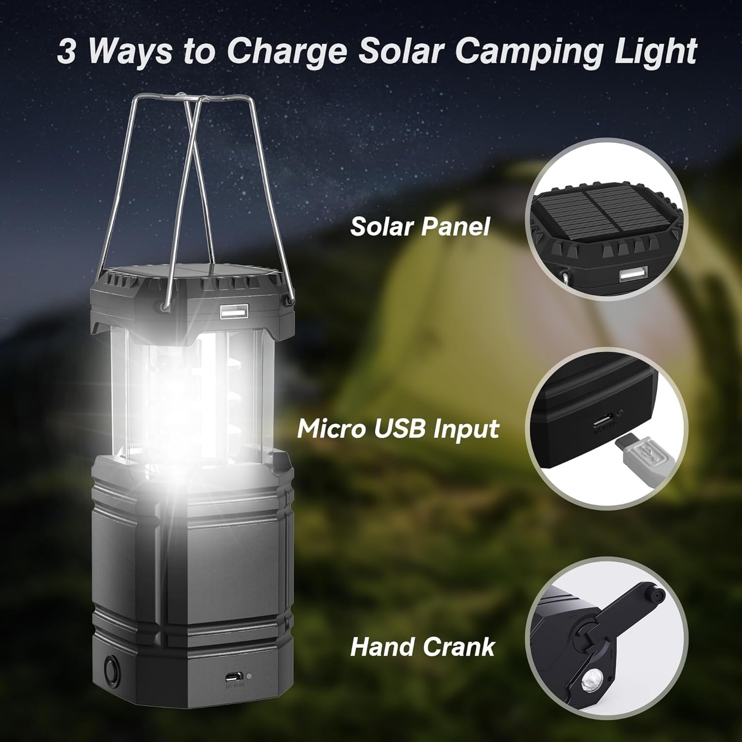 Mesqool 3000 Large Capacity Hand Crank Solar Lantern - Ultra Bright LED, 23-26 Hours Run Time, USB Charger, Black, Model CL1000