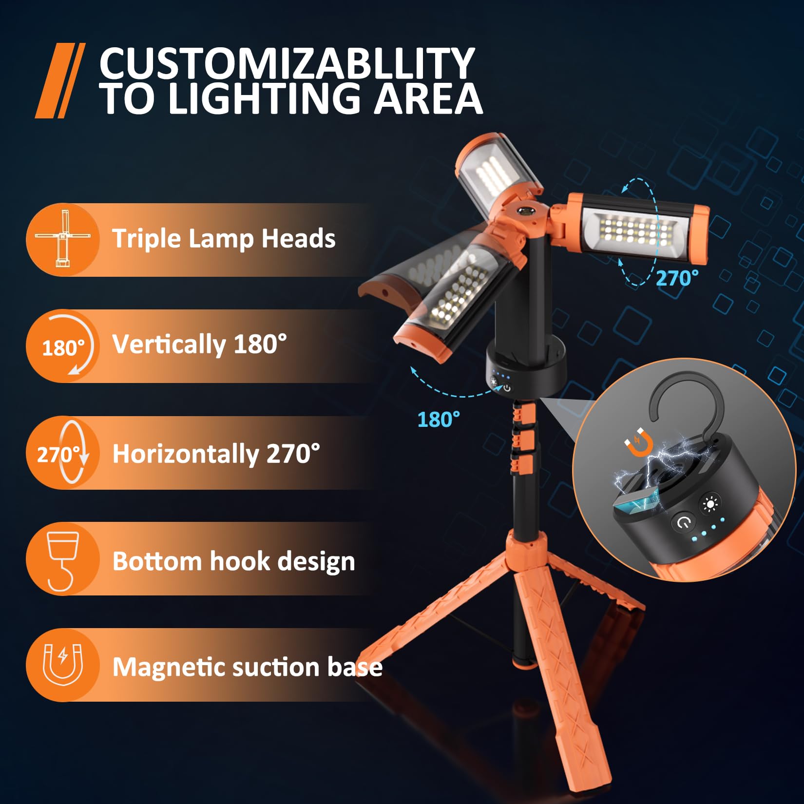 mlogiroa Rechargeable Work Light - 2500LM, 9000MAH, Aluminum, Orange, Stand 73in, Model 13278161-71b4-40e1