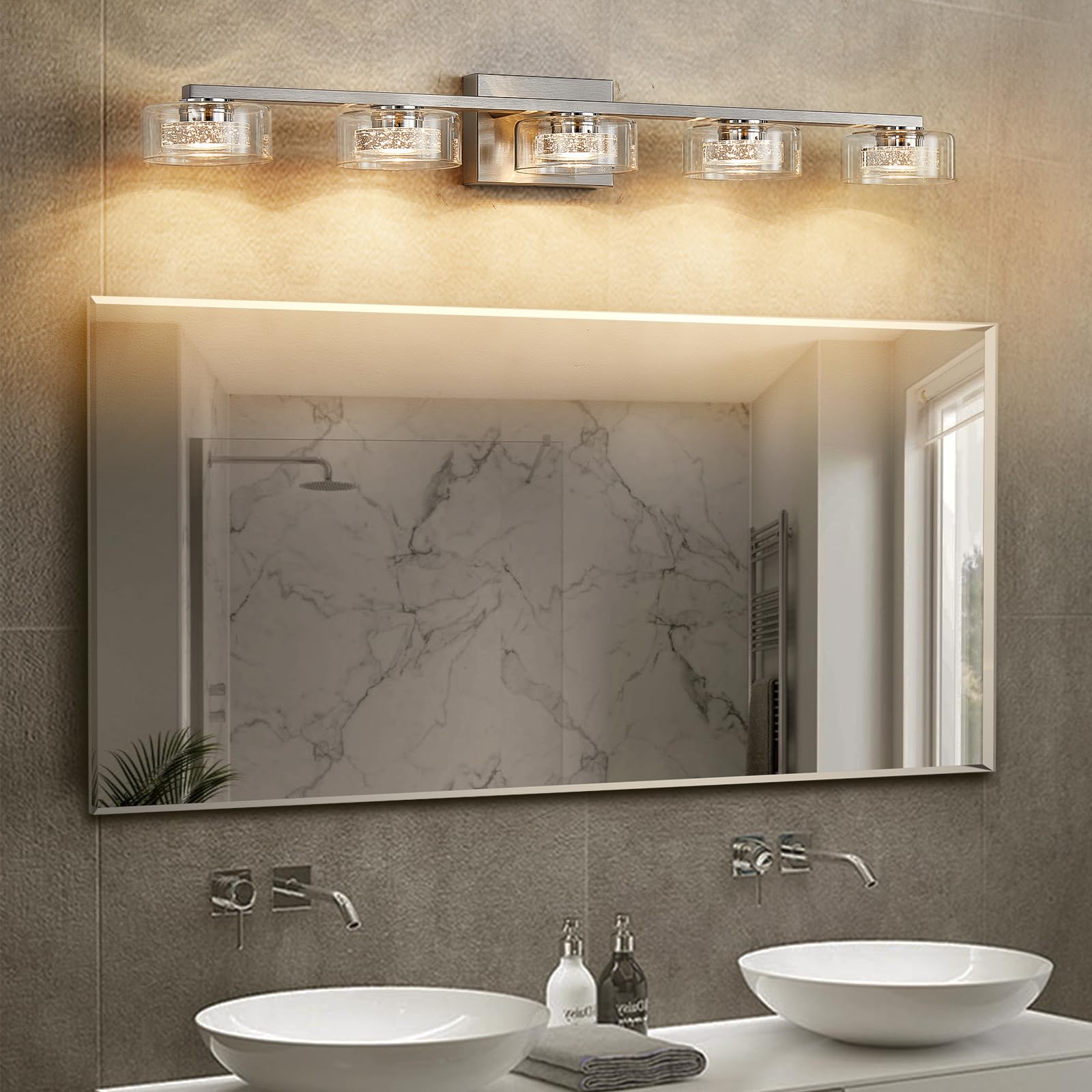 Zhizenl 5-Light Dimmable LED Bathroom Vanity Light Fixture, Modern Brushed Nickel with Clear Glass Shade, Model B132-082-5Light