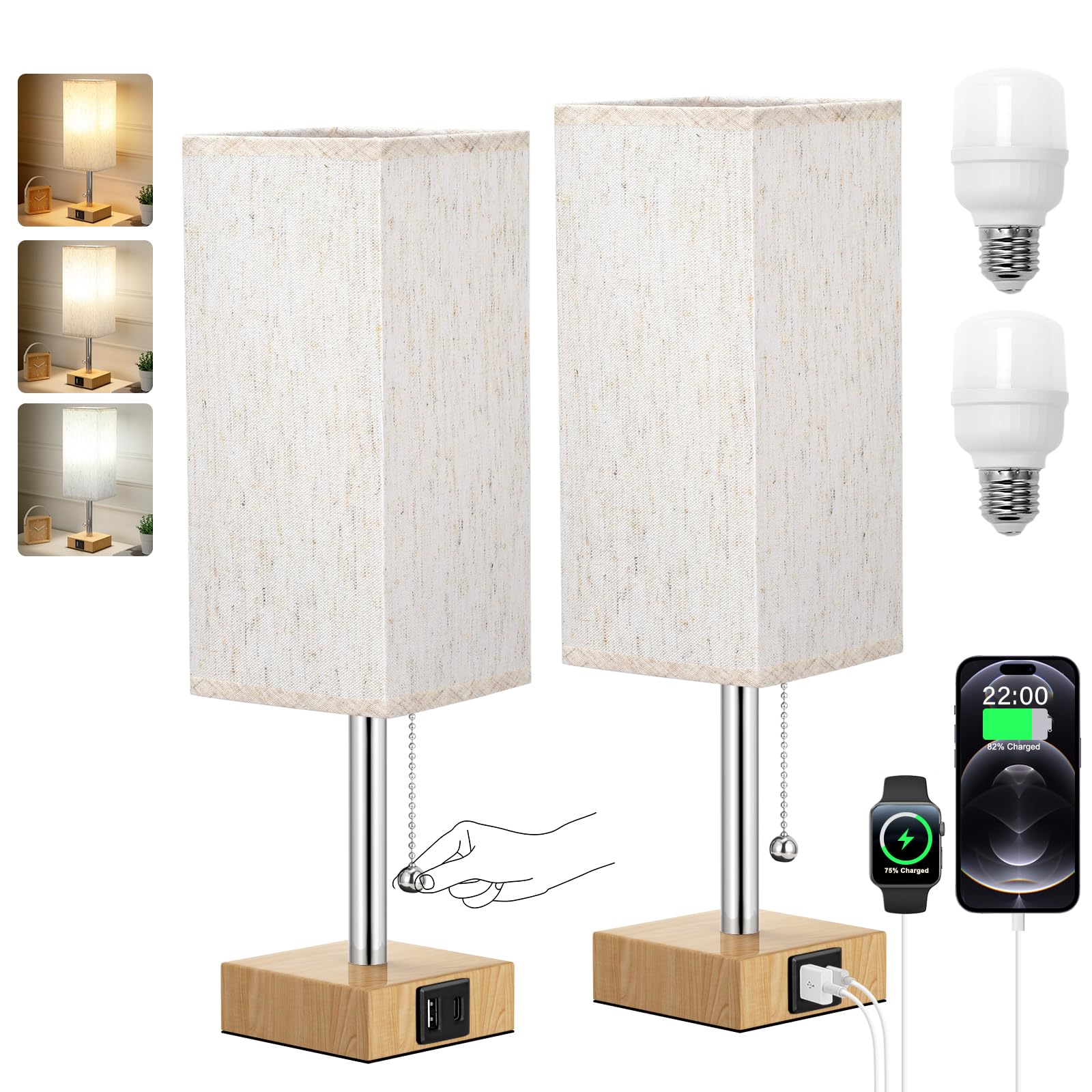 Wood Grain Bedside Table Lamps Set of 2 - Bedroom Lamps with 3 Color Temperatures (3000K/5000K/4000K), Two Square Nightstand Lam