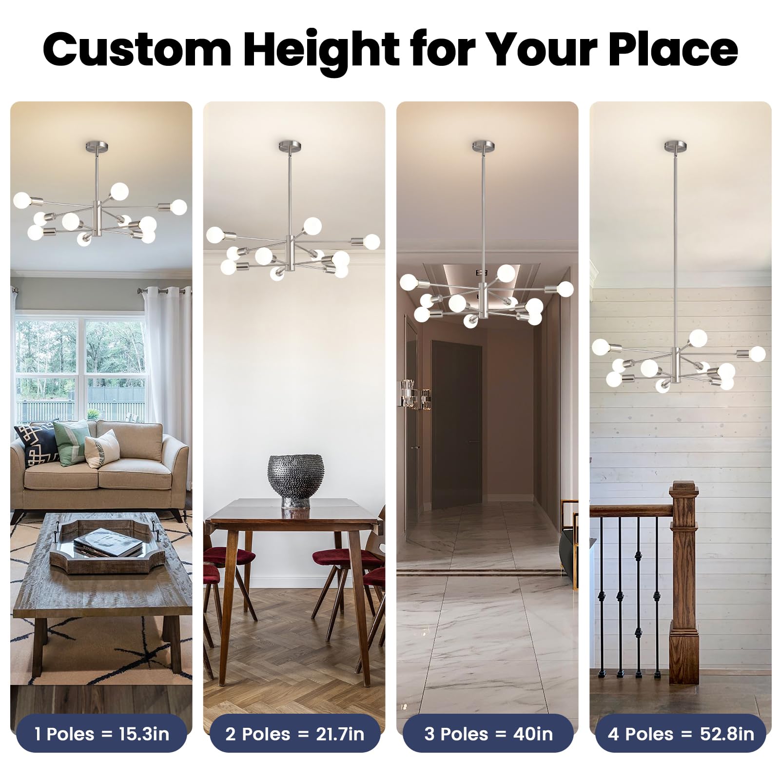 RUIYEY Modern Sputnik Chandelier, 10 Lights Brushed Nickel, Adjustable Height, E26, Ideal for Dining Room, Kitchen Island, Living Room