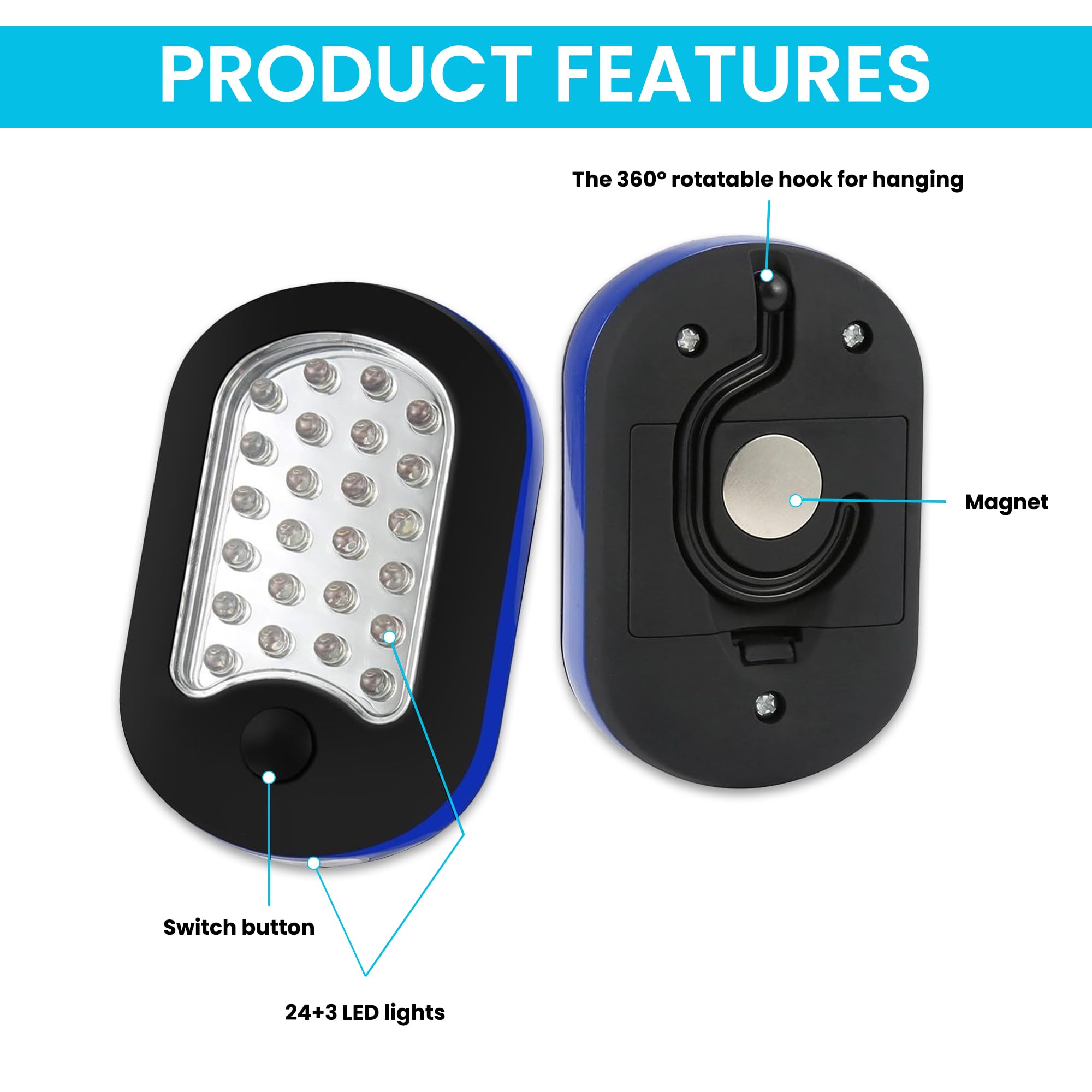 Alltrolite 3-Pack Led Work Light | Portable Magnetic Work Light With Rotatable Hook, Magnetic Back & Push Button | Battery Opera