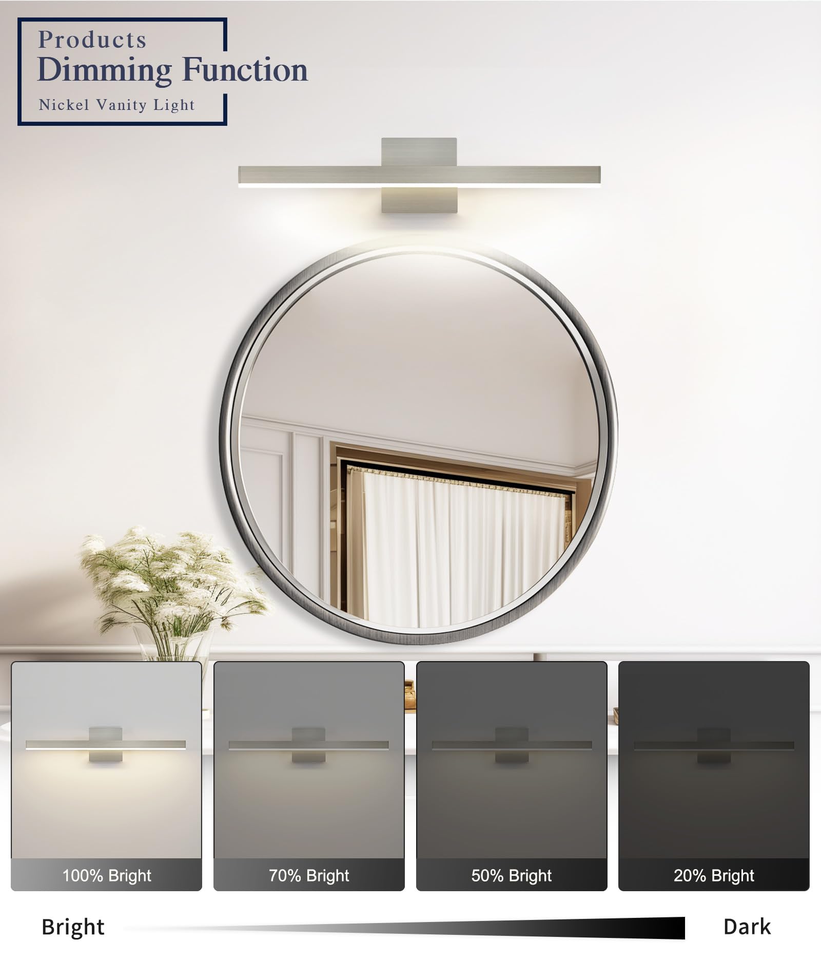 Joossnwell Brushed Nickel Bathroom Vanity Light 23.62" Dimmable LED Fixture Model 7560-18W-SN-5CCT