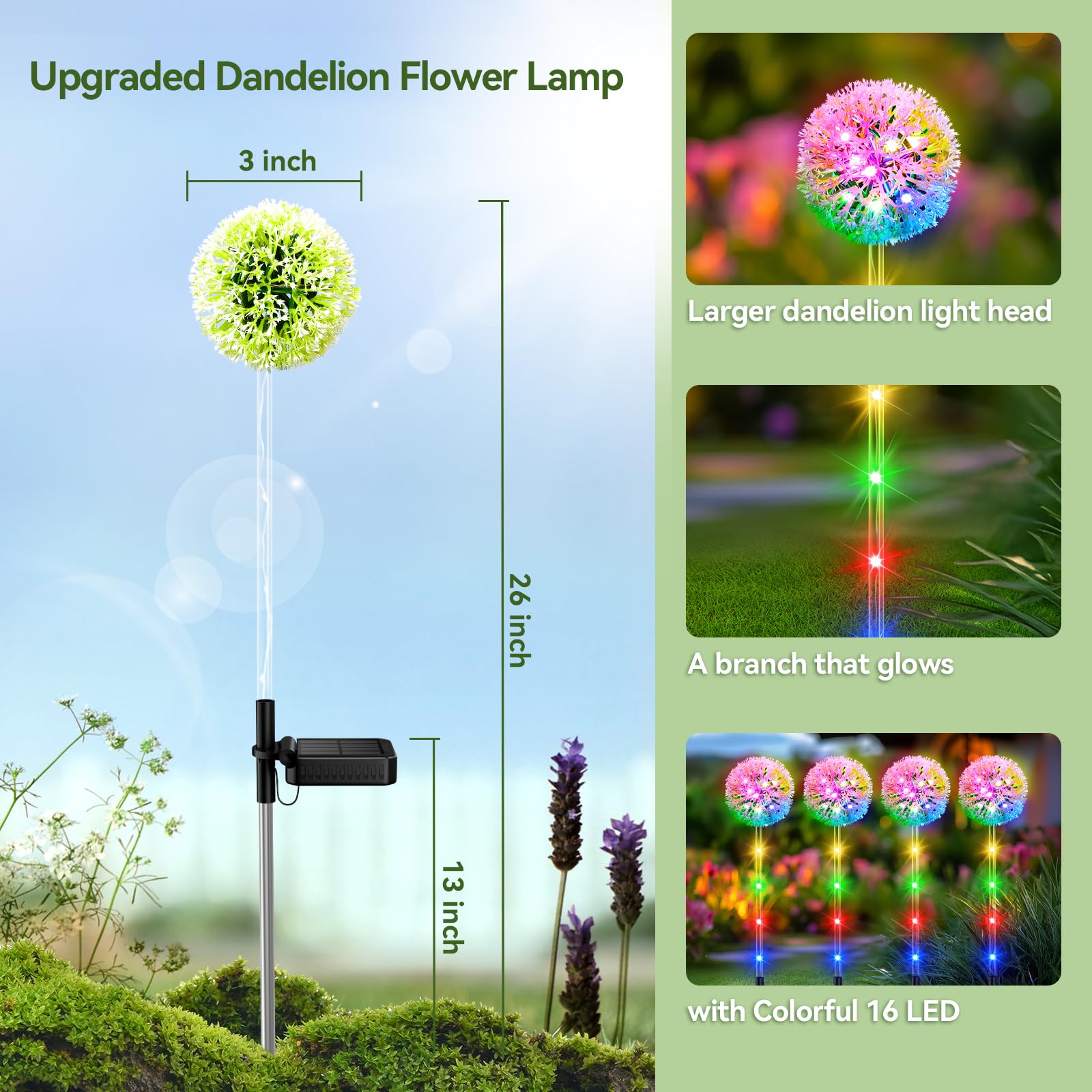 Bonlion 4 Pack Solar Garden Lights - Colorful Led Dandelion Decor, Waterproof Outdoor Lighting