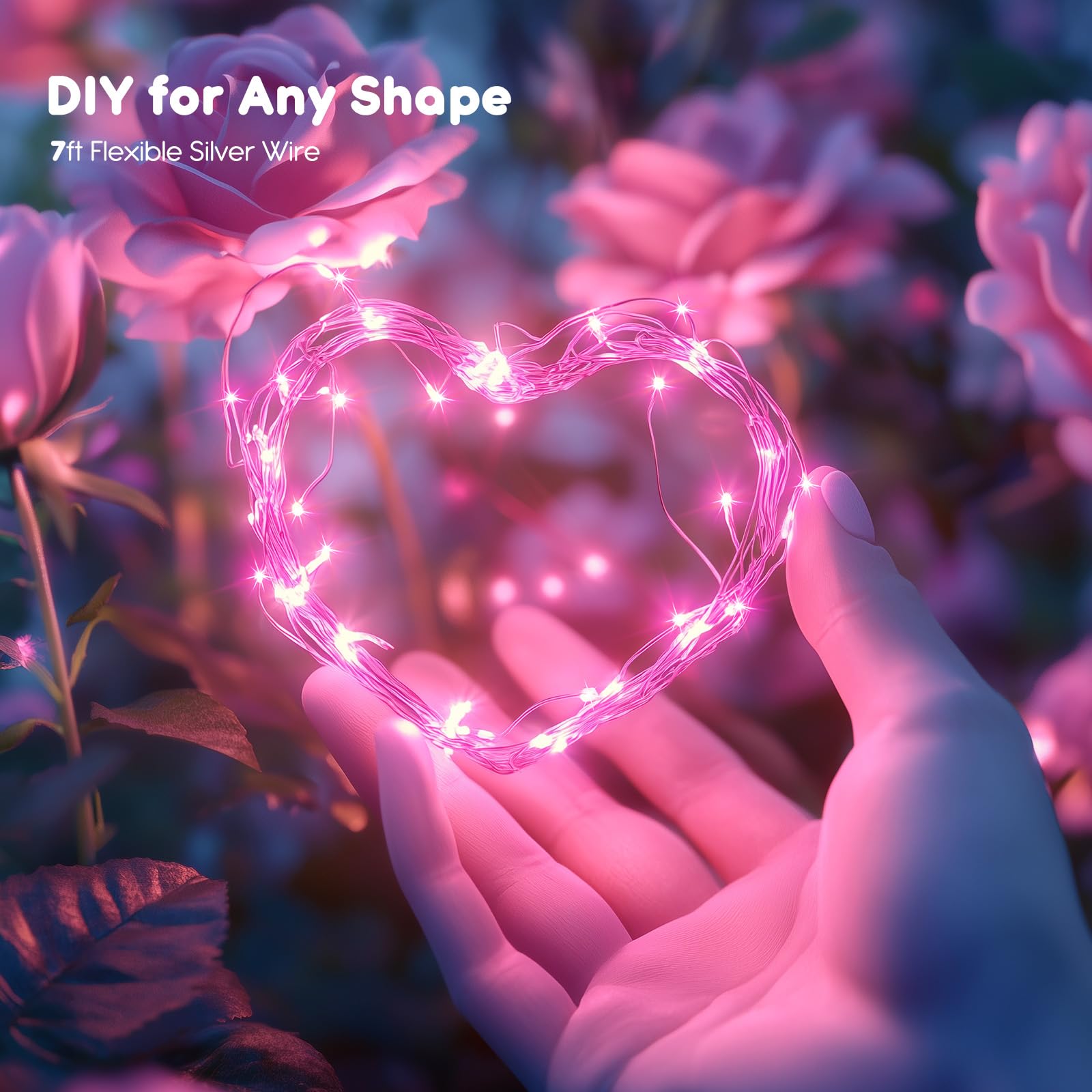 Minetom 12 Pack Fairy Lights Battery Operated String Lights With Timer - 7Ft 20 Led Waterproof Silver Wire Firefly Lights For Valentine’S Day Decor Diy Crafts Wedding Table Centerpieces, Pink