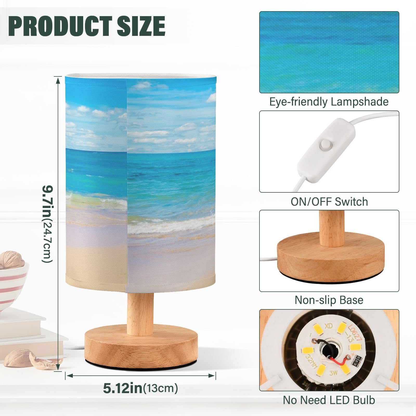 Yyzzh Table Lamp Tropical Sea Summer Blue Ocean With Beach White Cloud On Sky Nightstand Lamp With Wood Base Fabric Lamp Shade B
