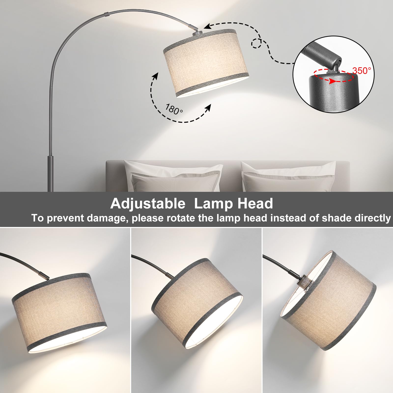 Arc Floor Lamp, Modern Floor Lamp For Living Room With Adjustable Lamp Head, Tall Pole Lamp With Gray Lampsahde And On/Off Pedal