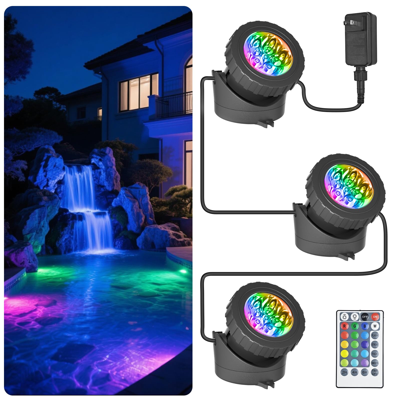 T-SUN LED Pond Light, 3 Head Submersible RGB Lights with Remote Control, Plastic, Model TS-F2210, 3-IN-1, Color F2210-RGB