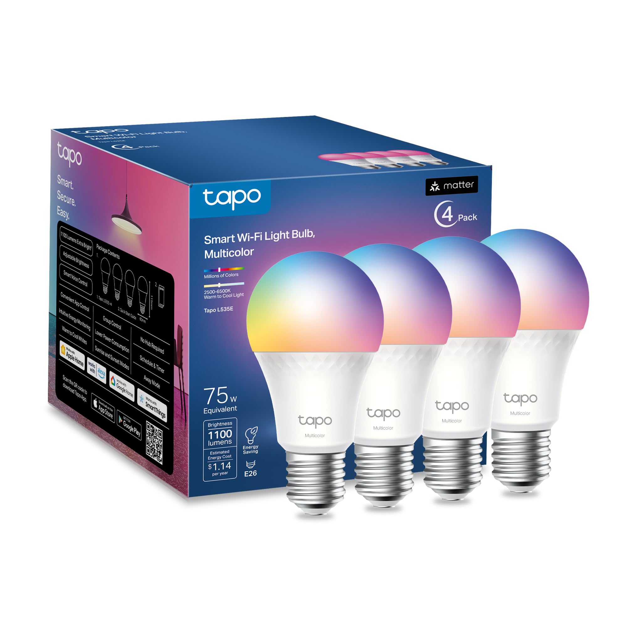 Tapo Smart Light Bulbs, 1100 Lumens, Dimmable, WiFi, Works with Siri/Alexa/Google, A19 E26, 4 Pack, Multicolor