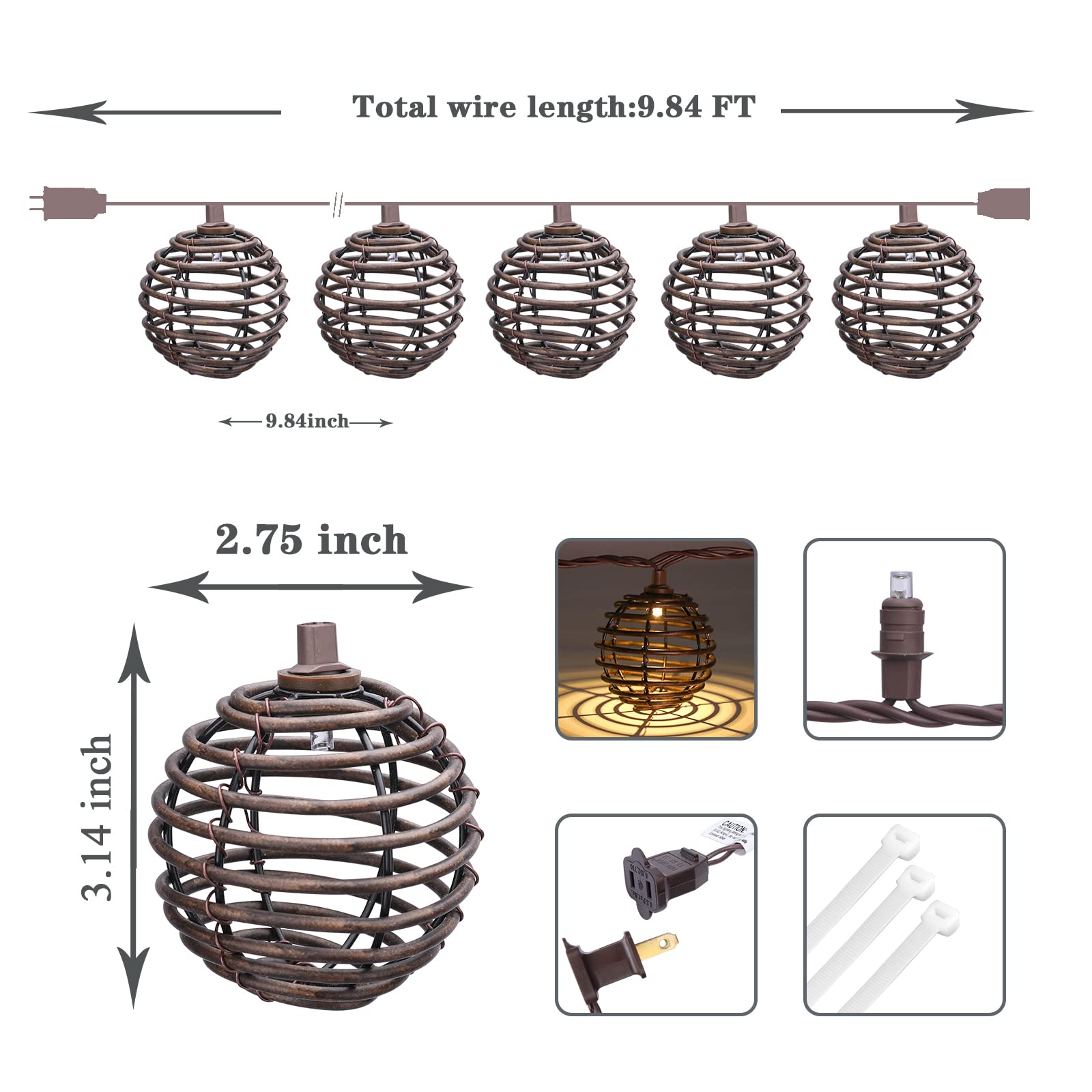 Vigdur Decorative - Rattan Ball String Lights With 10 Led Bulbs Plug In Rattan Lantern String Lights For Patio Garden Backyard P