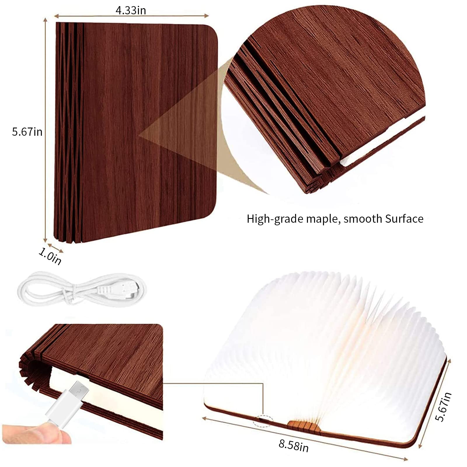 Vergissm Wooden Book Light, Upgraded 5 Colors Novelty Lighting 360? Folding Book Lamp Led Paper Lantern For Desk, Room, Library