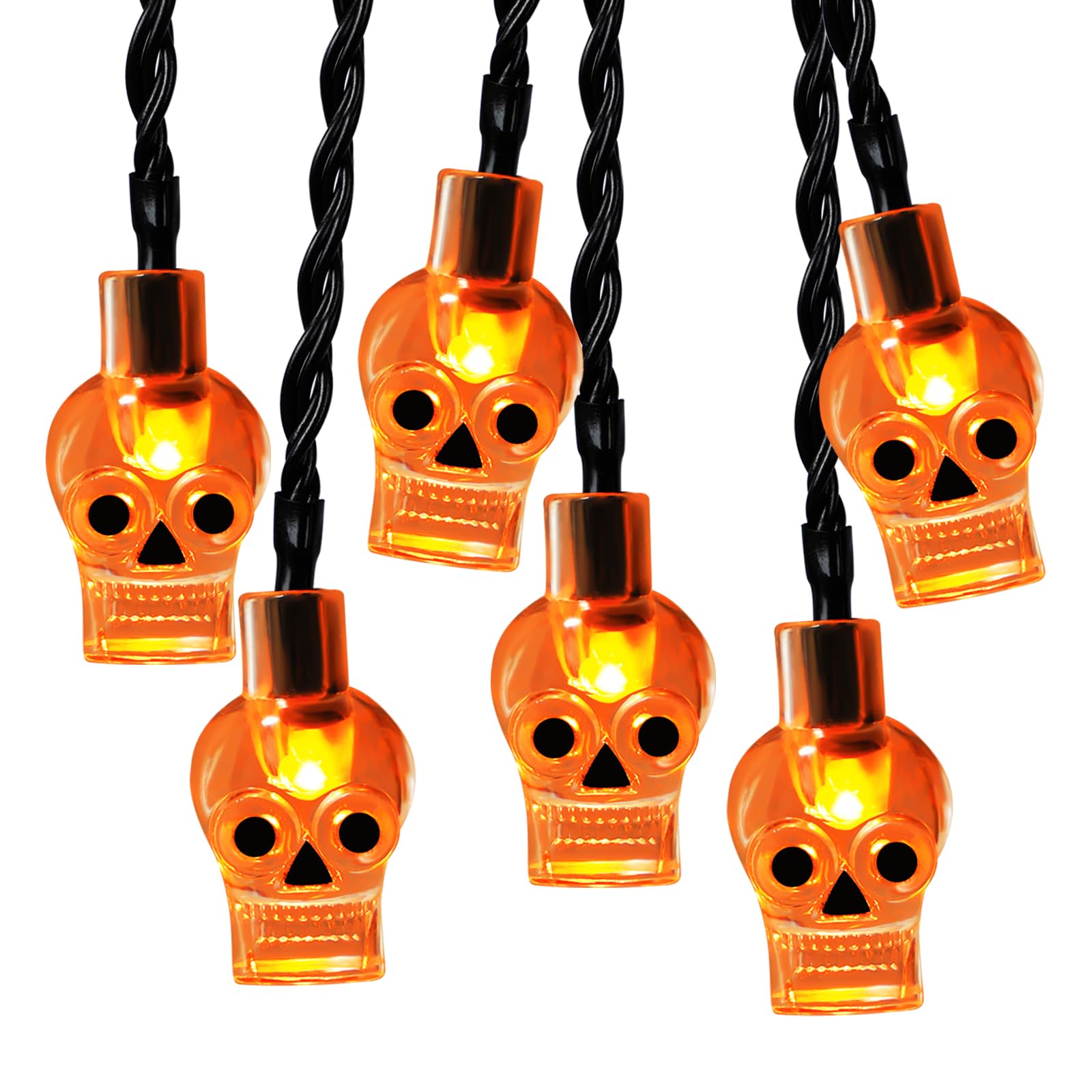 Recesky 2Pack 20 Led Orange Skull String Lights With Timer - Total 13Ft Battery Powered Halloween String Light - Spooky Lighting
