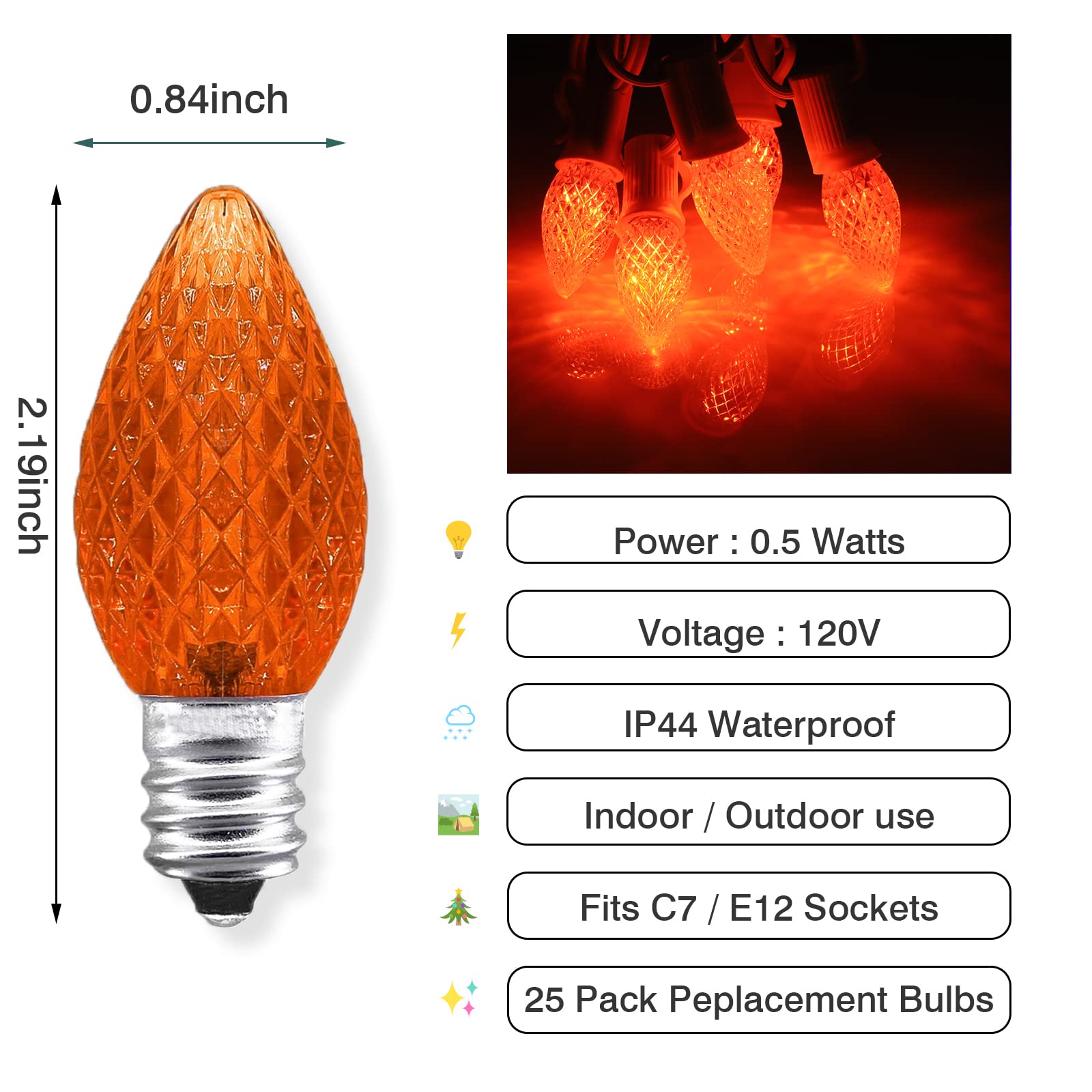 Aniai C7 LED Christmas Light Bulbs - Orange Plastic Replacement Bulbs - 25 Count