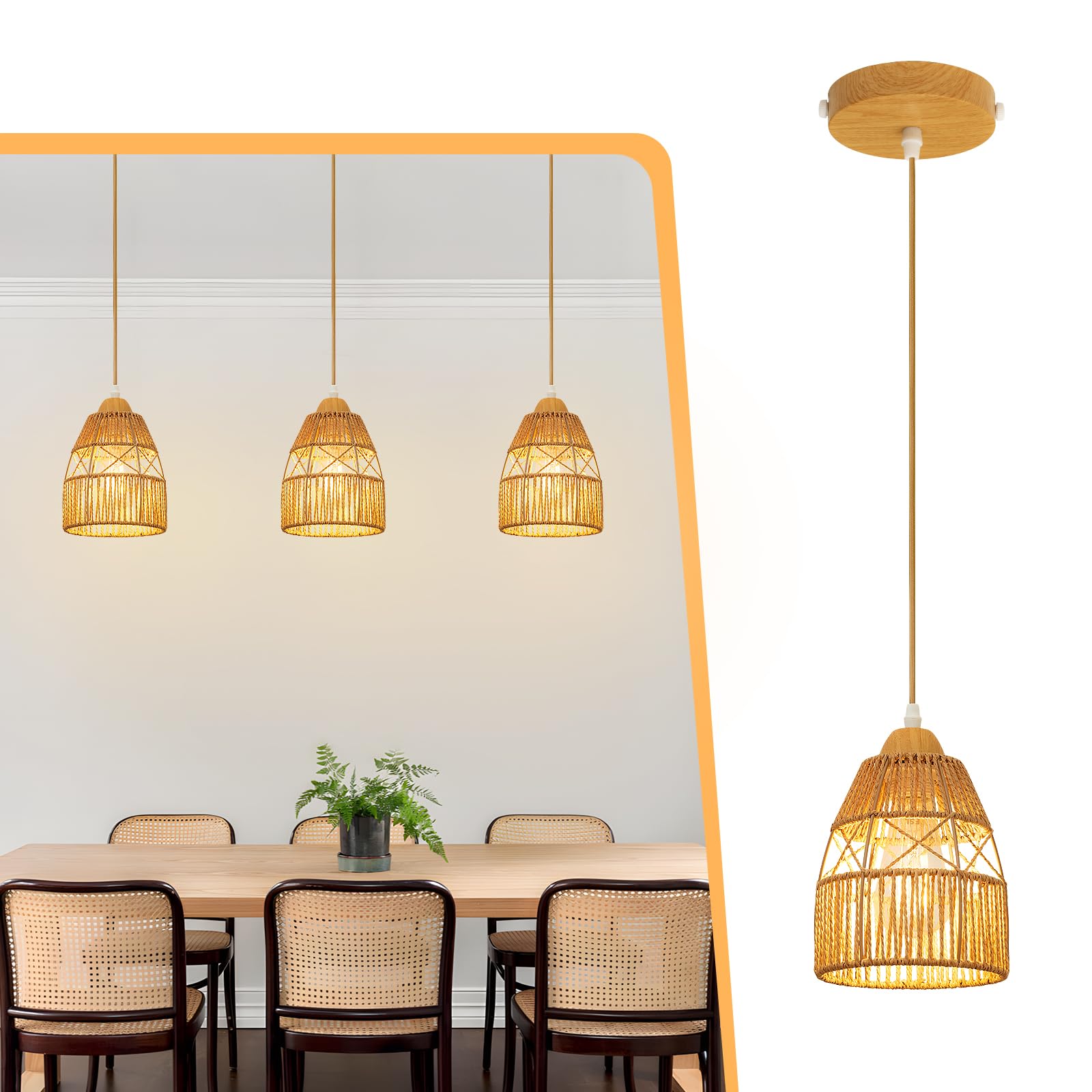 OTeedo 3 Pack Boho Rattan Pendant Light Kitchen Island,Farmhouse Chandeliers Adjustable Height Hanging lamp for Dining Room,Smal