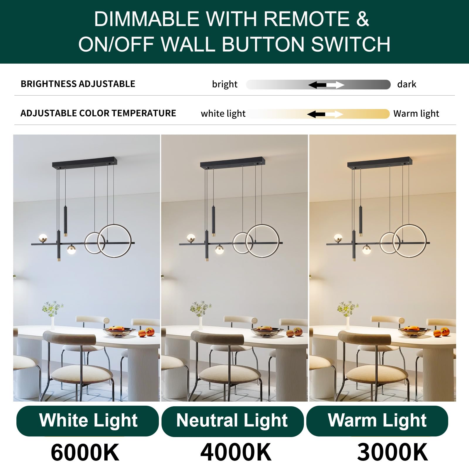 ORANOOR LED Modern Chandelier, 39" Dimmable Black Gold Pendant Light, Wrought Iron, Ideal for Dining Room & Kitchen, Model 88056