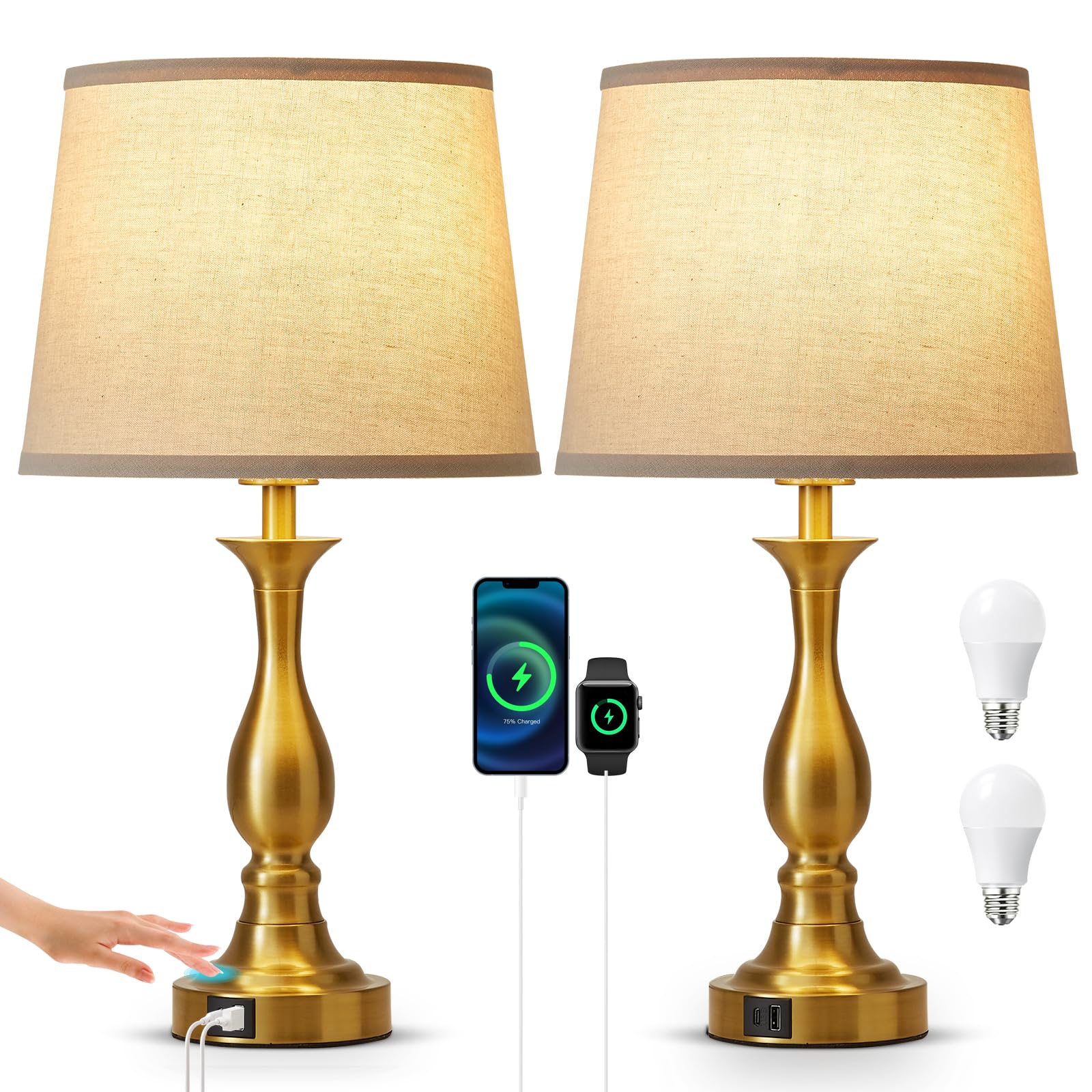 Lauag Bedside Table Lamp Set of 2, Touch Control, 3-Way Dimmable, USB-C & USB-A Charging, Gold, Standard Size, Model L901