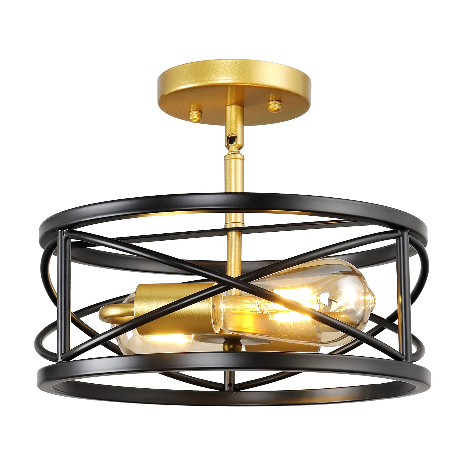 Karjearl 2-Light Semi Flush Mount Ceiling Light, Iron, Small, Black and Gold, Model LT05-BG-2SFC, Modern Farmhouse Industrial Design