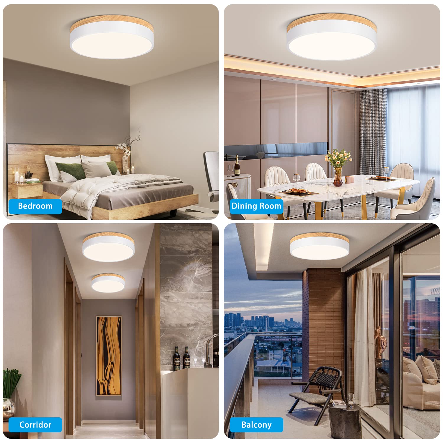 WOKNOS Modern Dimmable LED Flush Mount Ceiling Light, 11.8" White Oak Fixture for Bedroom, Living Room, Bathroom, Model WK20240716004