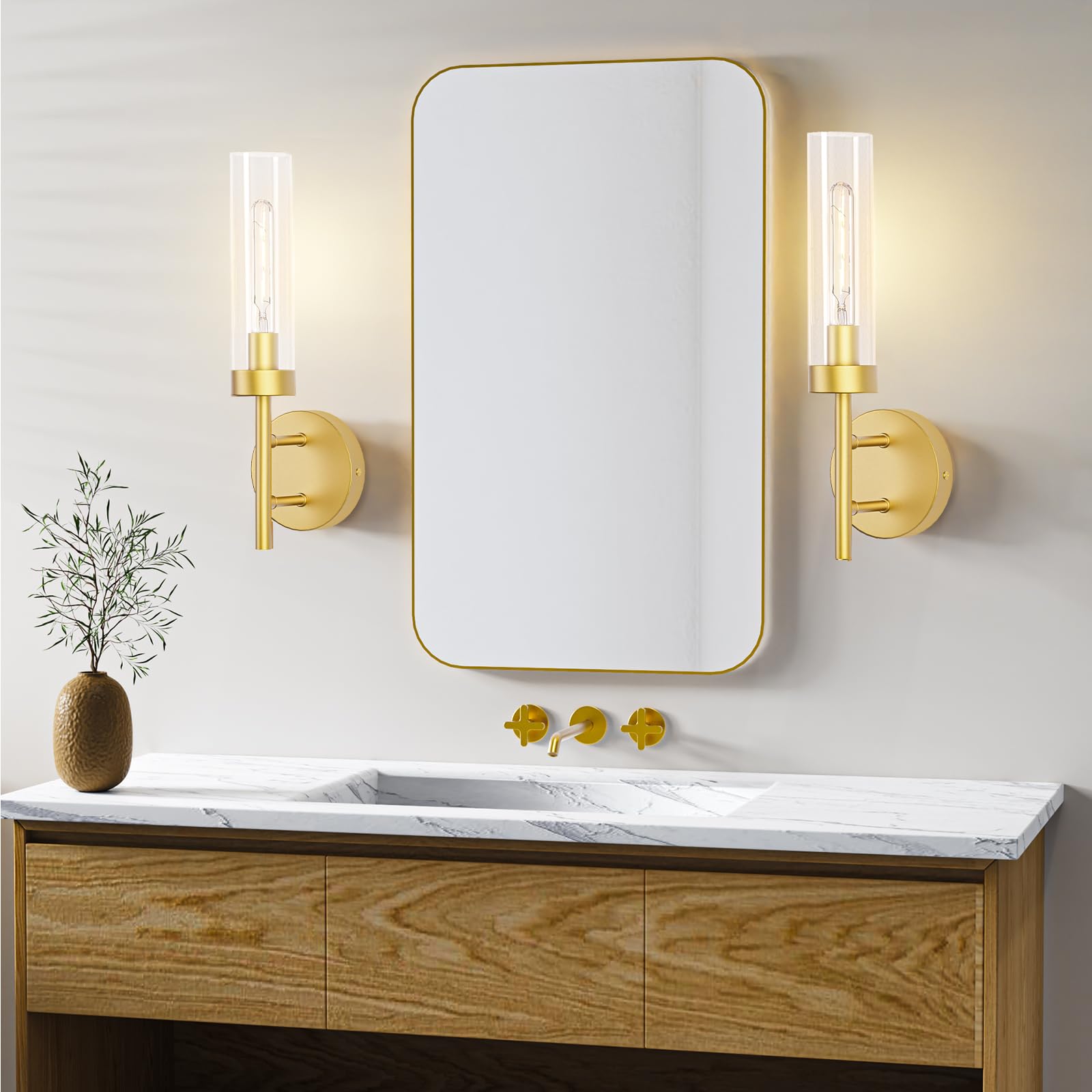 E.P. Light Wall Sconces Set of 2 Hardwired Gold Metal with Clear Glass Shade, Model EP0109