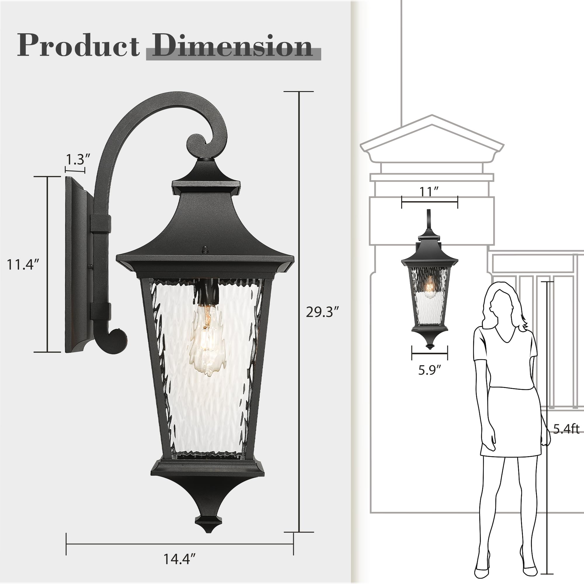 Emliviar 29.3" Waterproof Wall Sconce Light Fixture, Black Finish, Water Ripple Glass Shade, Large Size, Model XE292BL-SW BK