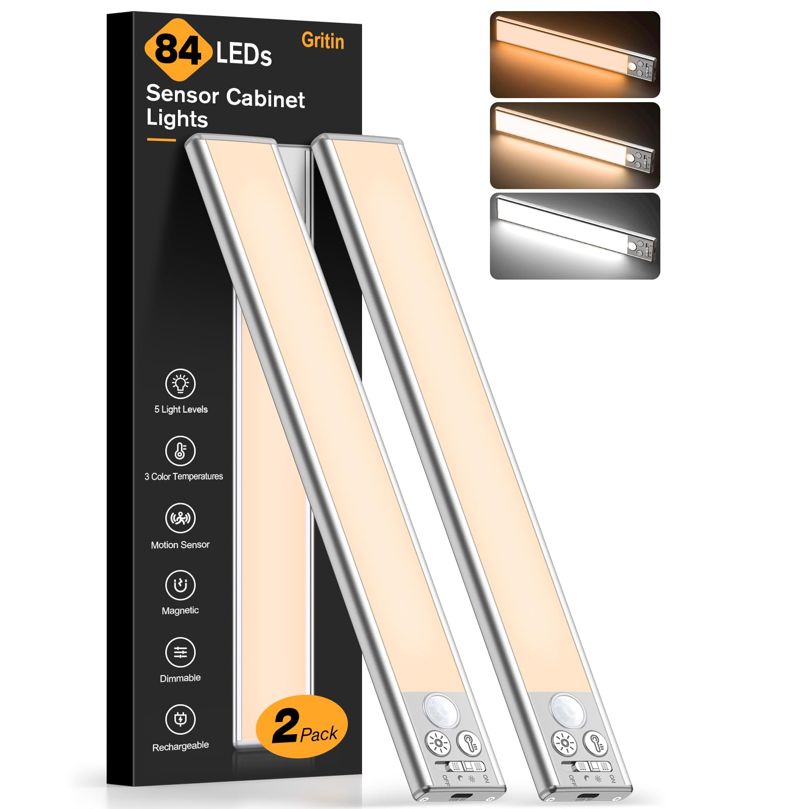 Gritin Under Cabinet Lighting - 10.2 inch, Rechargeable, 84 LED, 3-Color, 5 Brightness Levels, Motion Sensor, Aluminum, Silver, Model G135