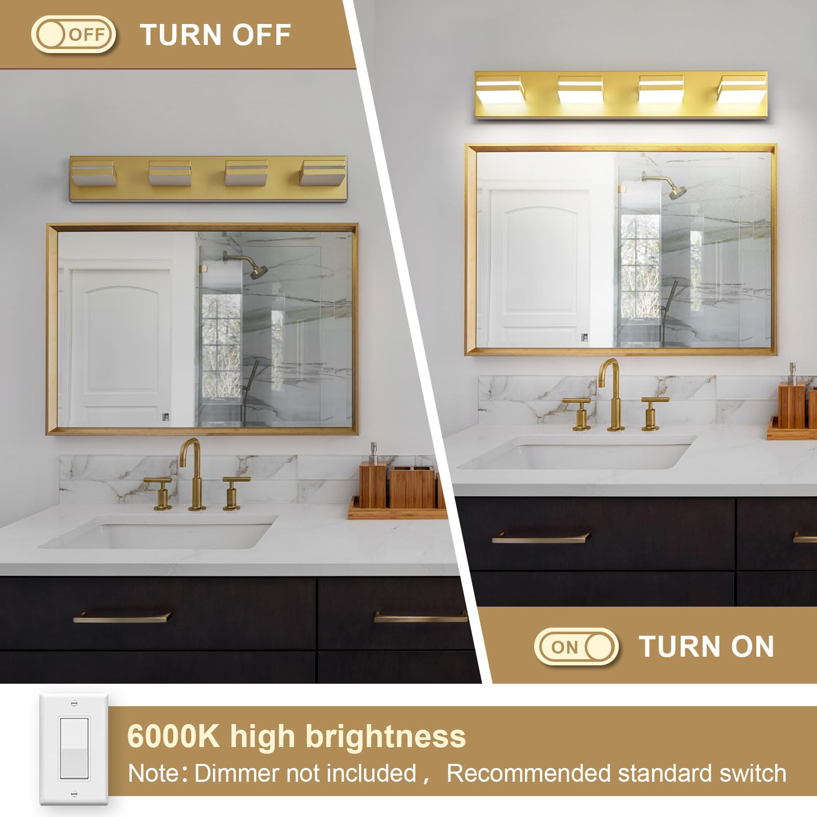 Jzekvn Modern Led Bathroom Lights Fixtures(4-Light) Metal Gold Acrylic Wall Lighting Vanity Lights For Bathroom Over Mirror(6000K 27In