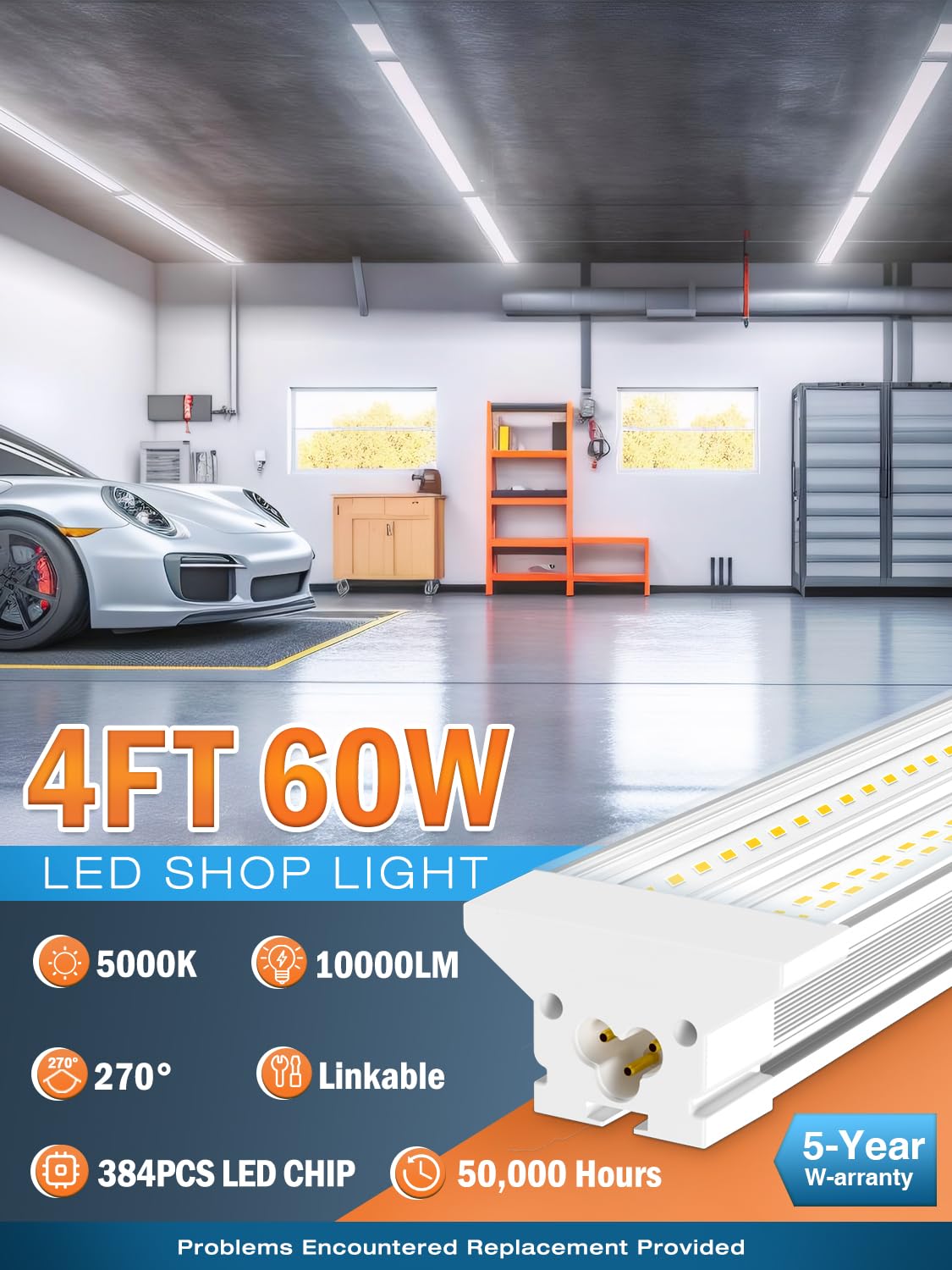 Elekico Super Bright 60W Hanging/Surface Mount 10000Lm 5000K Linkable 4Ft Led Shop Light With Plug,Ac100-277V 4' Led Shop Light
